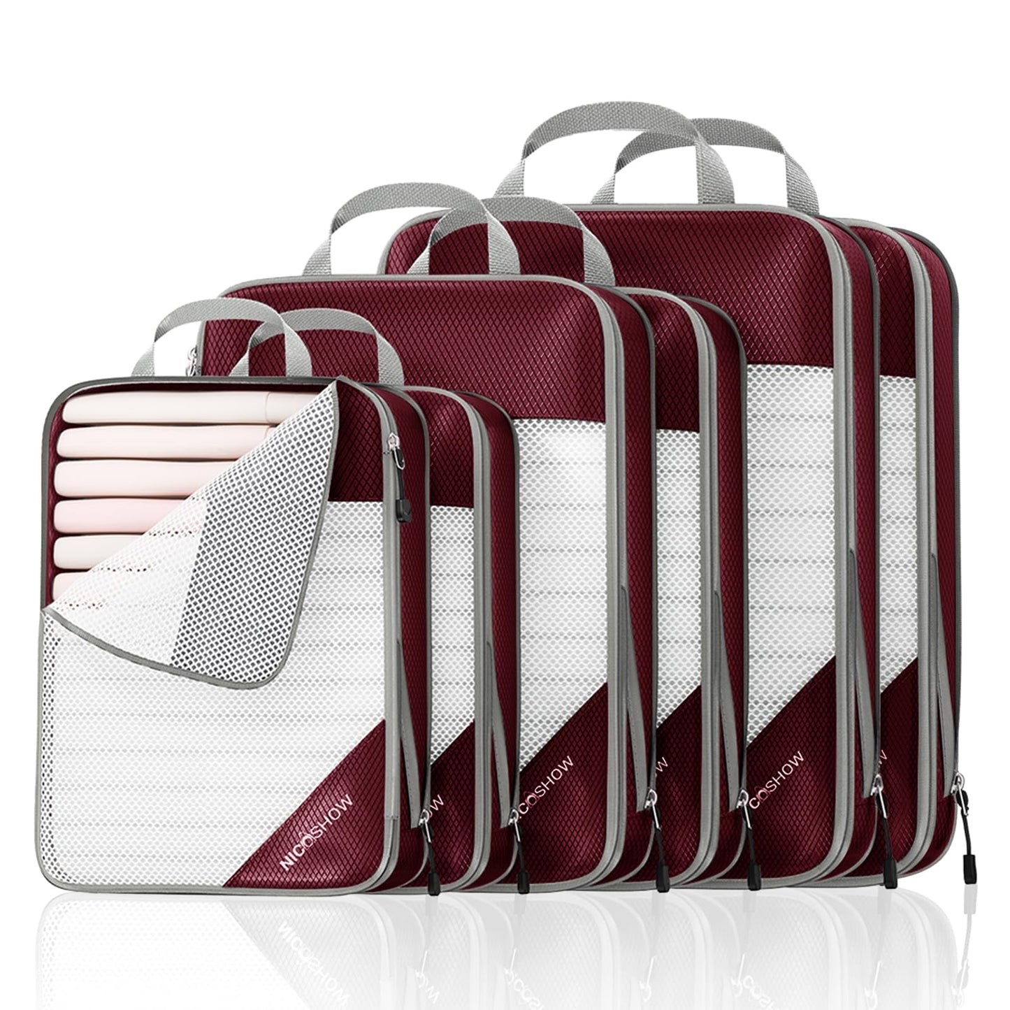 6 Set Compression Packing Cubes for Travel - Compressible, Lightweight, and Space-Saving Packing Cubes, Travel Essentials for Women, Grey