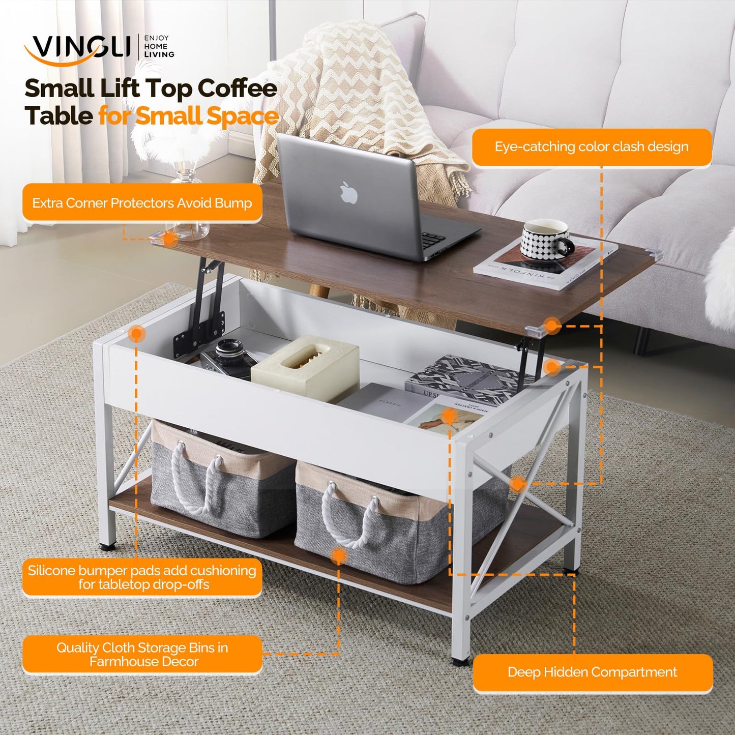 VINGLI 36" Lift Top Coffee Table with Free Cloth Storage Bins, White Walnut Framhouse Coffee Tables for Living Room, Small Modern Coffee Table for Small Space in Minimalistic Style, Dark Walnut