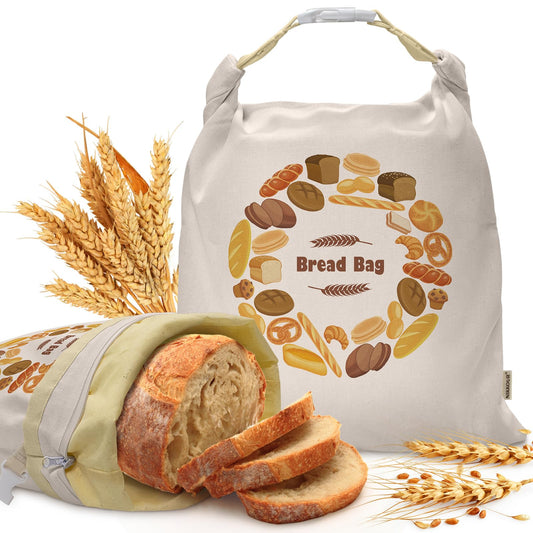 Large Linen Beeswax Bread Bags(2 Pack) Sourdough Bread Bags Reusable Double-Lock Freezer Baking Container Gift Giving for Homemade,Loaf,Sourdough,Food Storage (Colorful Patterns)