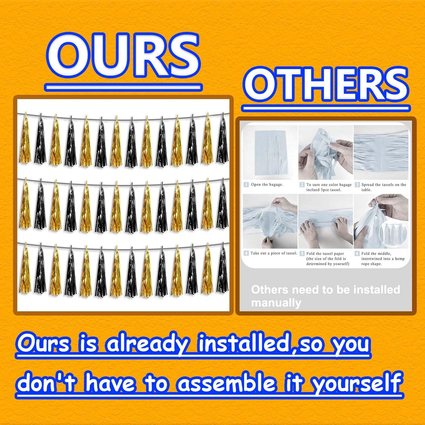 3P Metallic Fringe Tassel Banner Garland Foil Tinsel Streamer Wall Hanging Curtain Backdrop Banner for Parade Floats,Graduation Decorations, Father's Day,New Years Party Decoration(Black Gold)