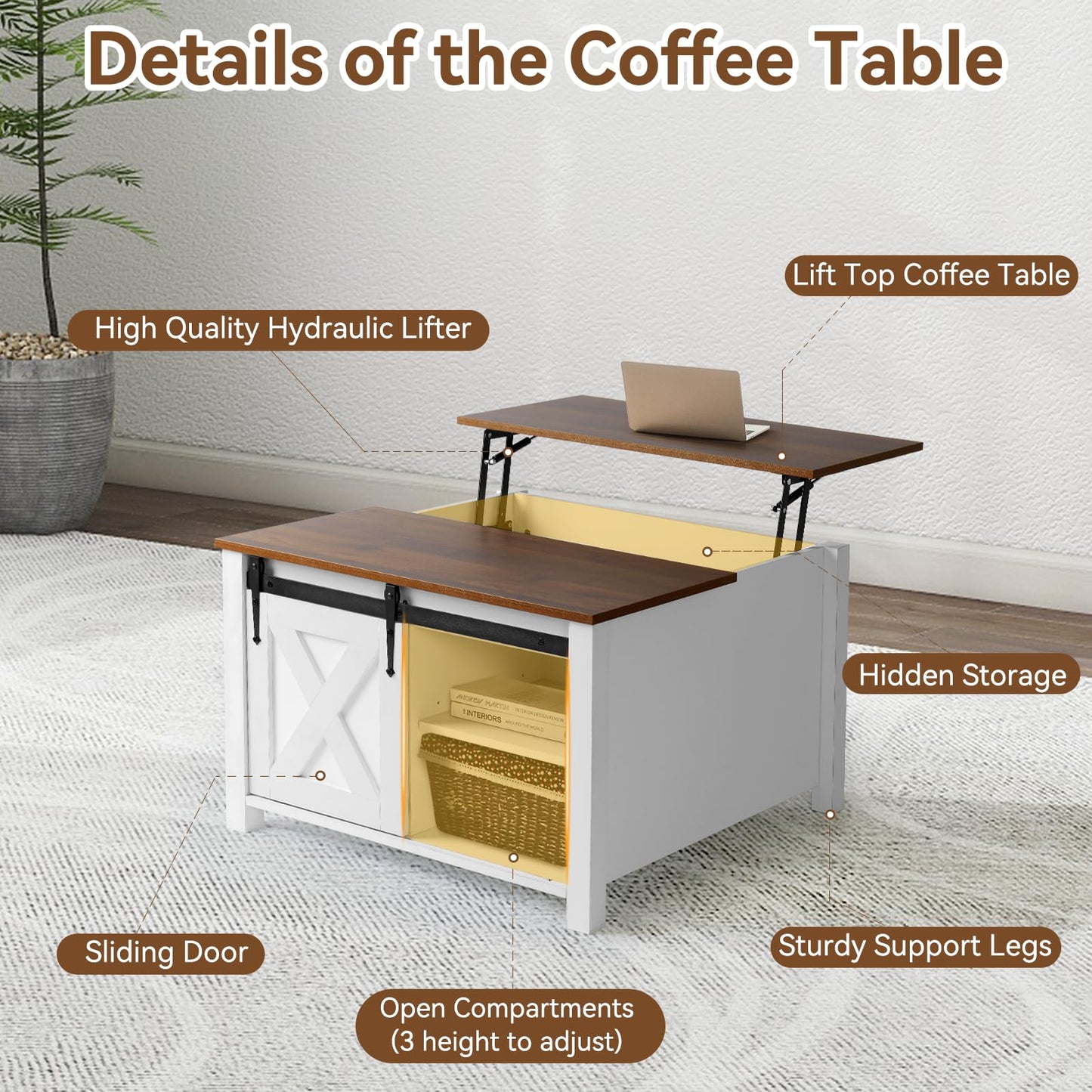 EDWINENE 31.5" Square Coffee Table, White Lift Top Coffee Table for Living Room, Morden Farmhouse Coffee Tables with Hidden Storage for Small Living Room, Bedroom