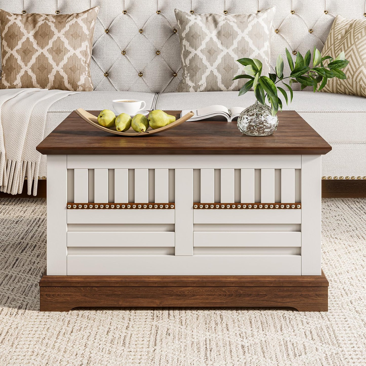 Farmhouse Lift Top Coffee Table with Large Hidden Storage Compartment, Wood Square Center Tables with Rivet Barn Door, Lift Tabletop Dining Table for Living Room, Home, Office