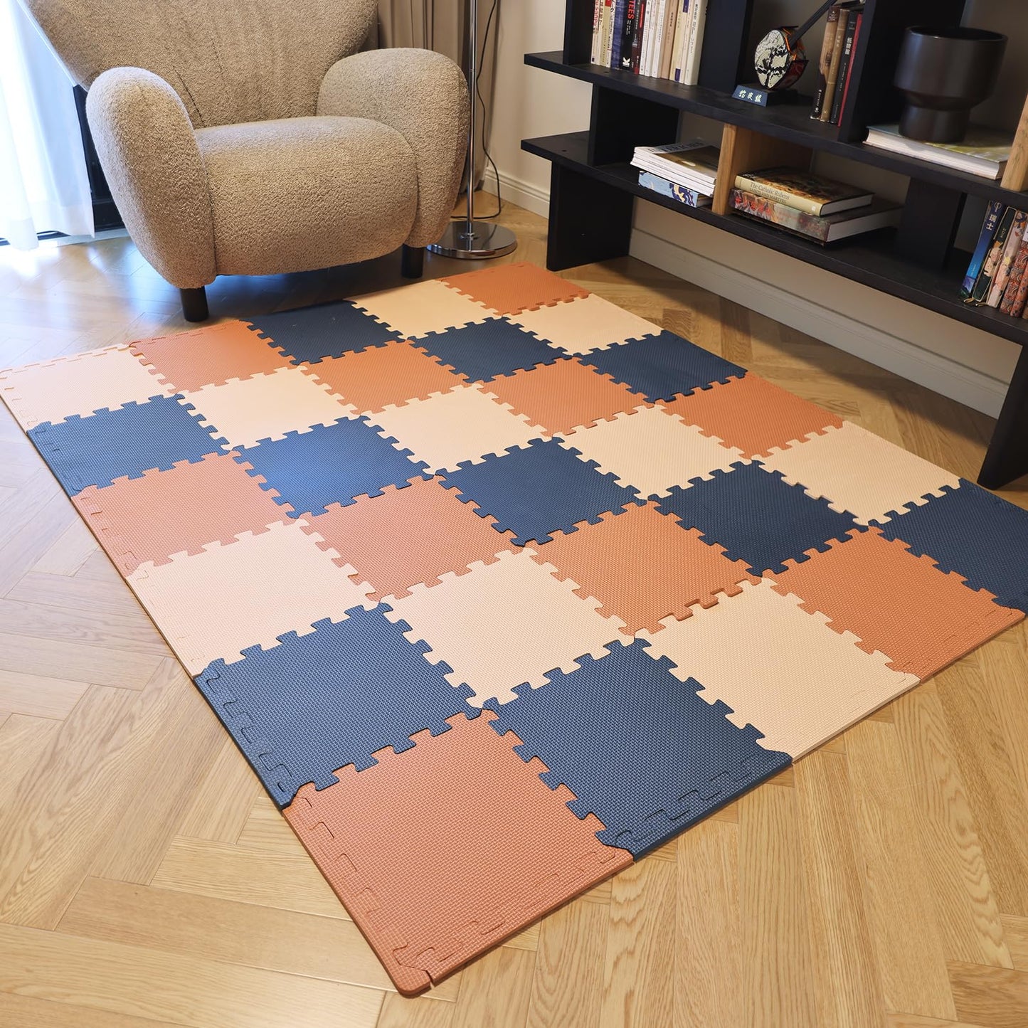 TCBunny Kids Soft EVA Foam Jigsaw Puzzle Play Mat, 18 Interlocking Tiles and Edges Baby Play Mat, for Kids Gym, Nursery, Playroom, Pet Mat, Total Floor Coverage 16 Sq Ft, Blue/Pink/Cream