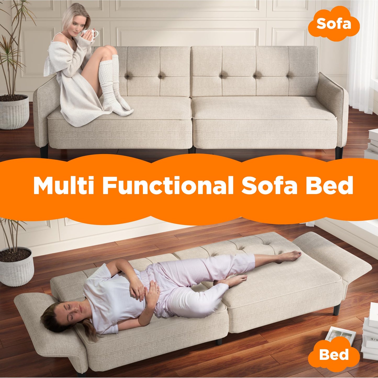 EROMMY 87.8" Futon Sofa Bed, Convertible Futon Couch with Adjustable Backrest & Armrest, Couch Bed with Solid Wood Frame for Small Spaces, Sofa Bed for Small Living Room