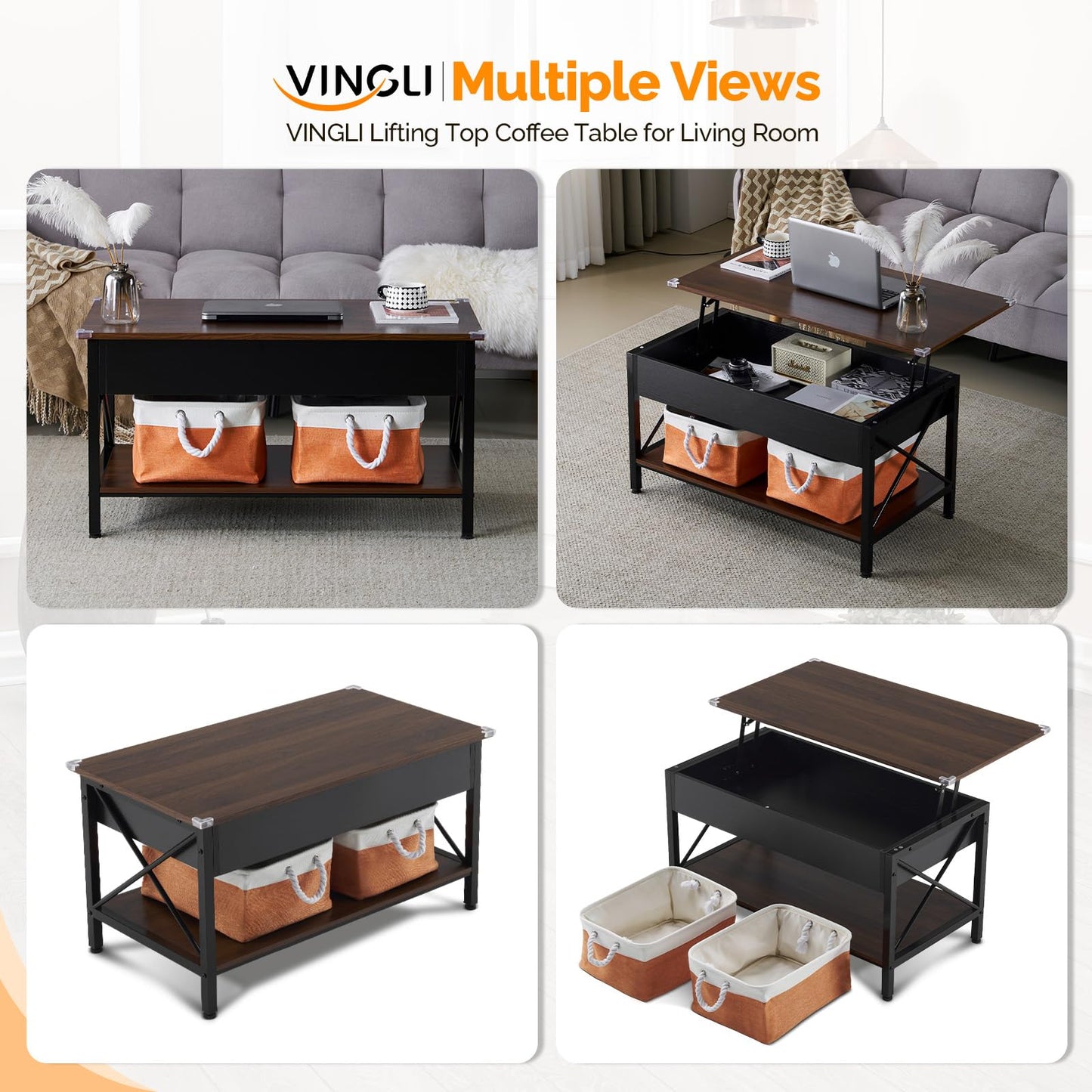 VINGLI 36" Lift Top Coffee Table with Storage, Rustic Espresso Coffee Table with Free Cloth Storage Bins for Living Room, Small Side Table for Small Space in Minimalistic Style, Espresso