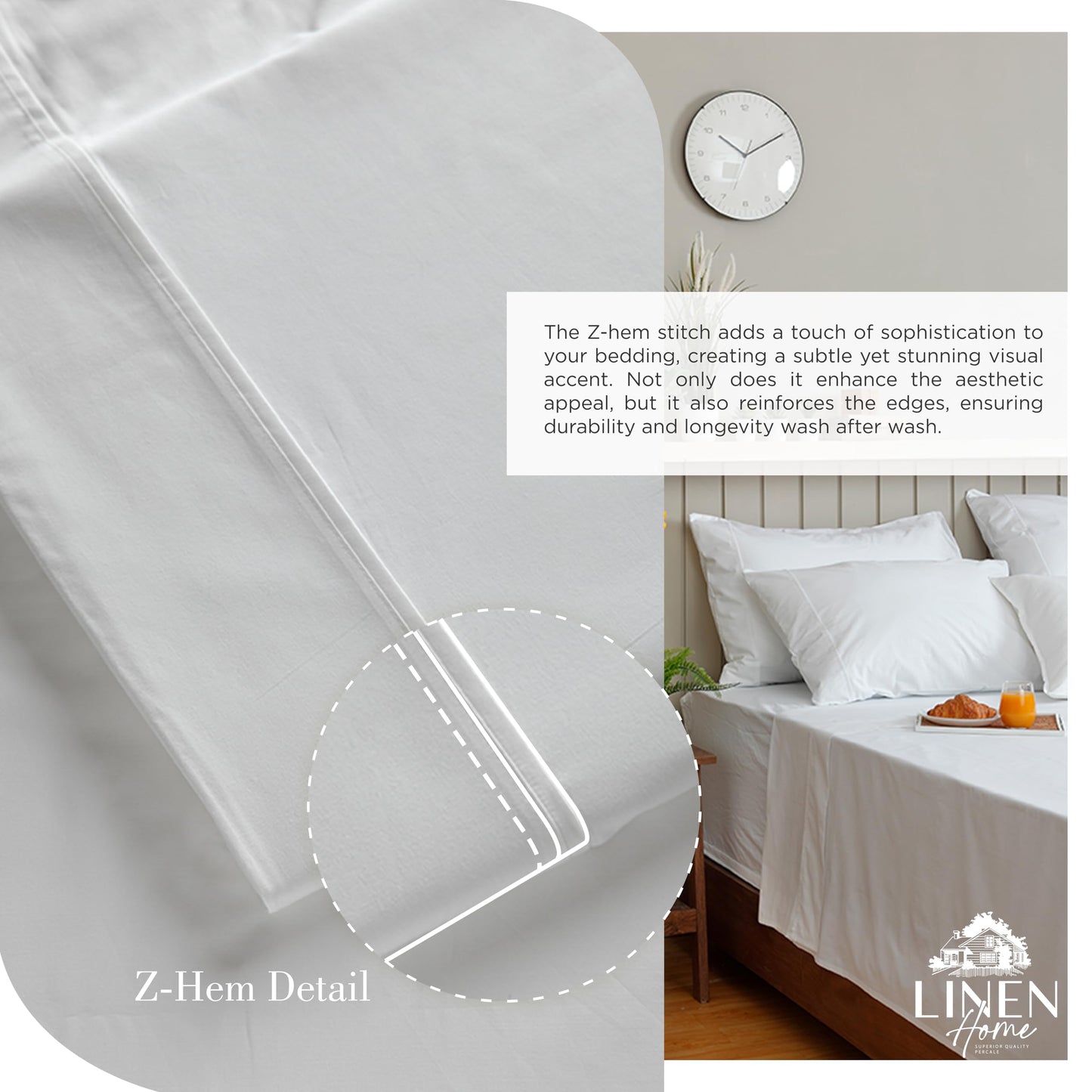 Linen Home 100% Cotton Percale Sheets Queen Size, White, Deep Pocket, 4 Pieces Set - 1 Flat, 1 Deep Pocket Fitted Sheet and 2 Pillowcases, Crisp Cool and Strong Bed Linen