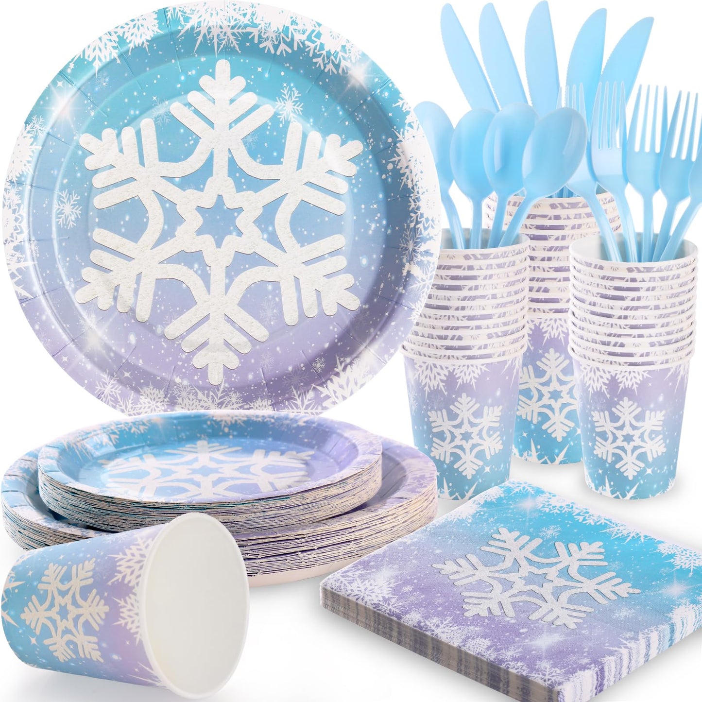 175PCS Snowflake Frozen Birthday Party Supplies, Winter Frozen Plates and Napkins Sets, Disposable Frozen Paper Plates for Birthday Holiday Princess Theme Party Decorations, Serves 25