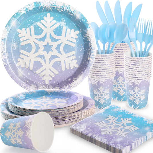 175PCS Snowflake Frozen Birthday Party Supplies, Winter Frozen Plates and Napkins Sets, Disposable Frozen Paper Plates for Birthday Holiday Princess Theme Party Decorations, Serves 25