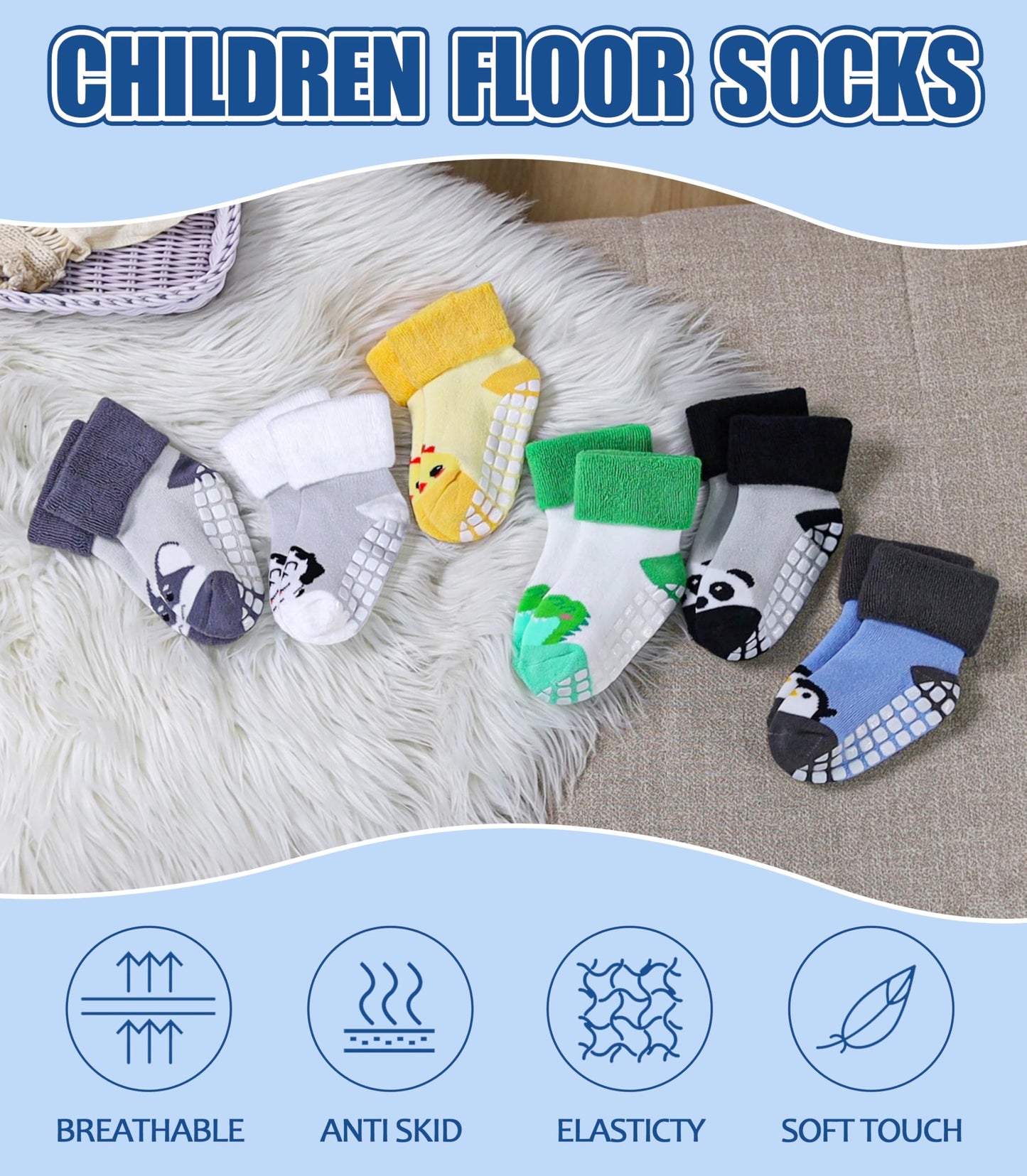 NOCIN COLOR Baby Grips Toddler Thick Cotton Thermal Socks - Non Slip Warm Cute Animal Kits (6 Pairs, 1-3 Years)