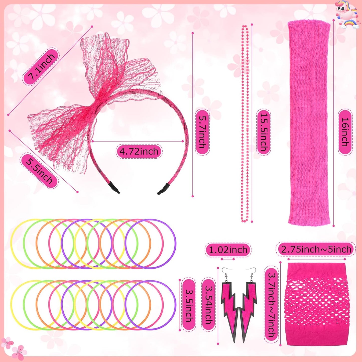 30 Pieces Women's 80s Outfit Costume Accessories Set Include Neon Headband Flash Earrings Necklace Bracelet Fishnet Gloves and Leg Warmers for 80s Retro Party