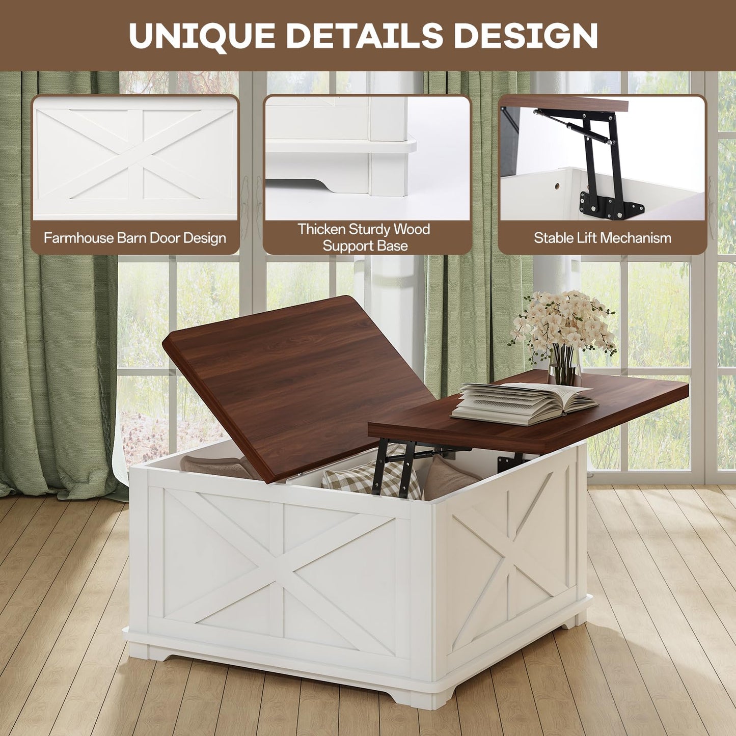 Airynee Farmhouse Coffee Table with Hydraulic Lifter, Square Coffee Table with Large Hidden Storage Compartment for Living Room, Wooden Coffee Tables with Brown Flip-Top Lids for Home Office, White