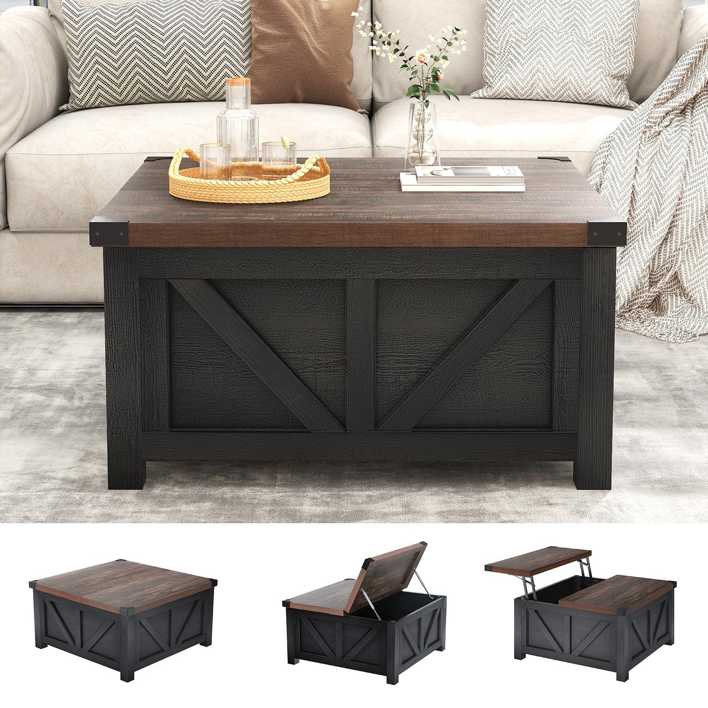 jimeimen Farmhouse Lift Top Coffee Table with Storage, Wood Square Center Table with Charging Station&USB Port, Living Room Table w/Large Hidden Space, for Living Room, Bedroom, Home Office, Black