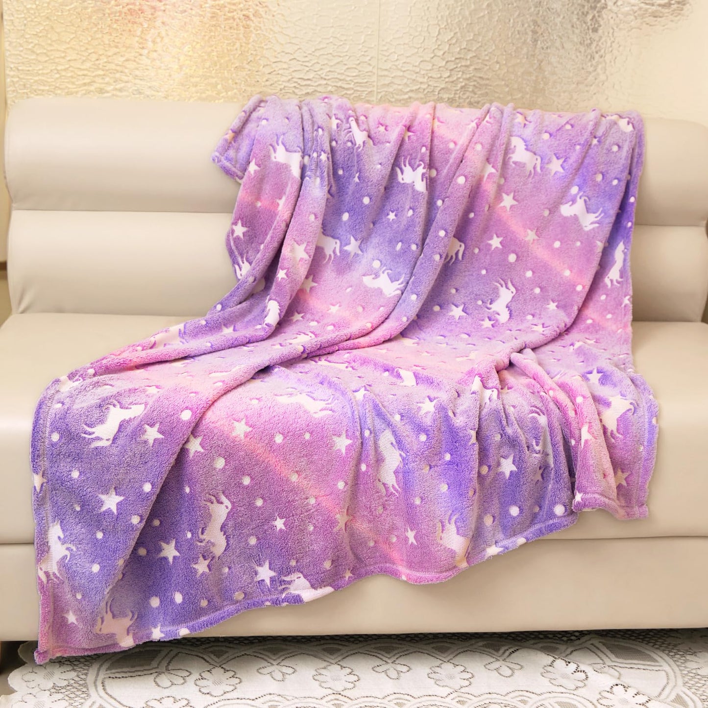 Unicorn Blanket for Girls, Glow in The Dark Blankets for Kids, 50" x 60" Rainbow Throw Blanket Soft Fleece Luminous Toddler Blanket Birthday Gifts for Age 2 3 4 5 6 7 8 9 10 11 12 Year Old, Purple