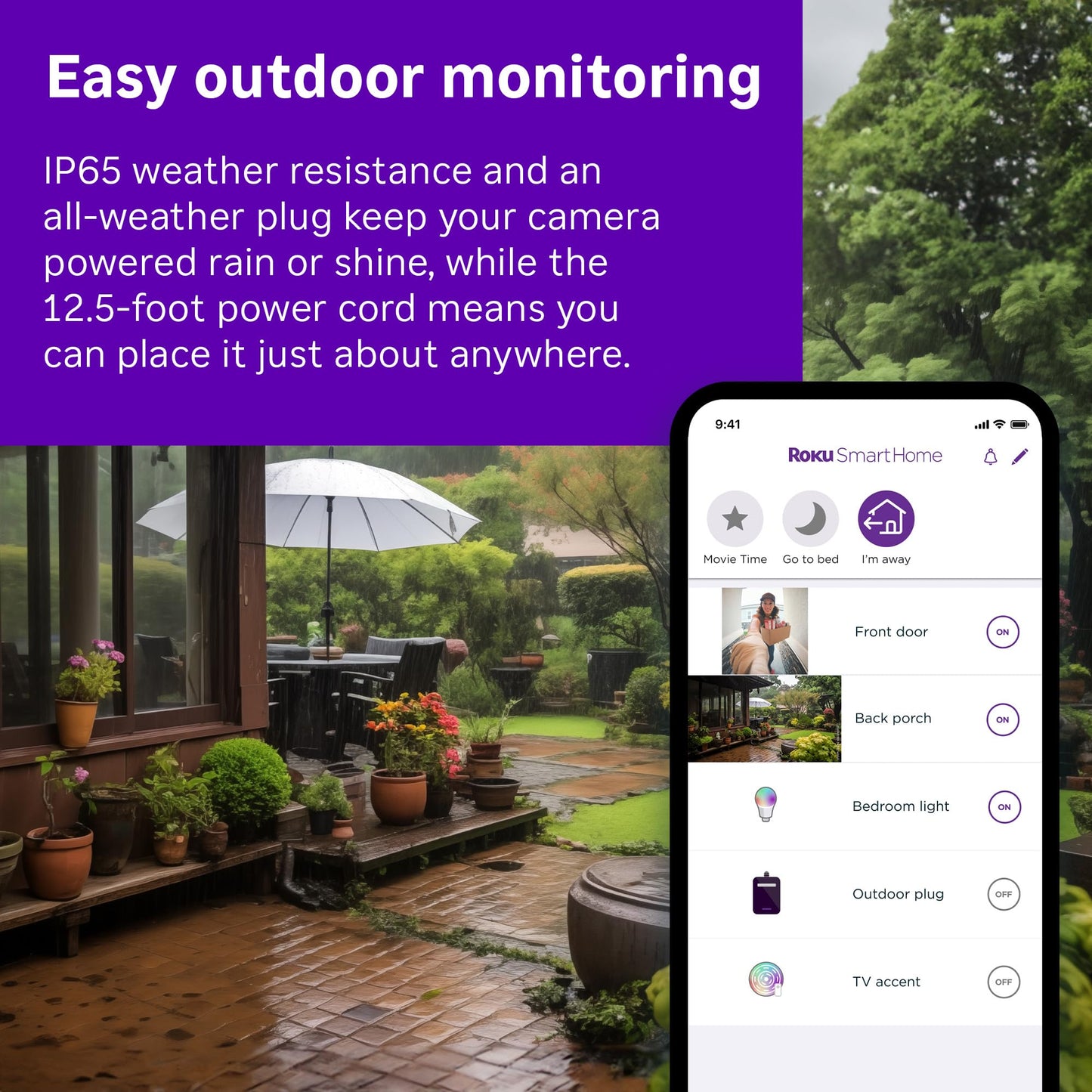 Roku Outdoor Camera - Home Security - IP65 Weather Resistant Wired Security Camera & Pet Monitor with 1080p HD Night Vision, Works with Alexa & Google, WDR, Motion & Sound Detection