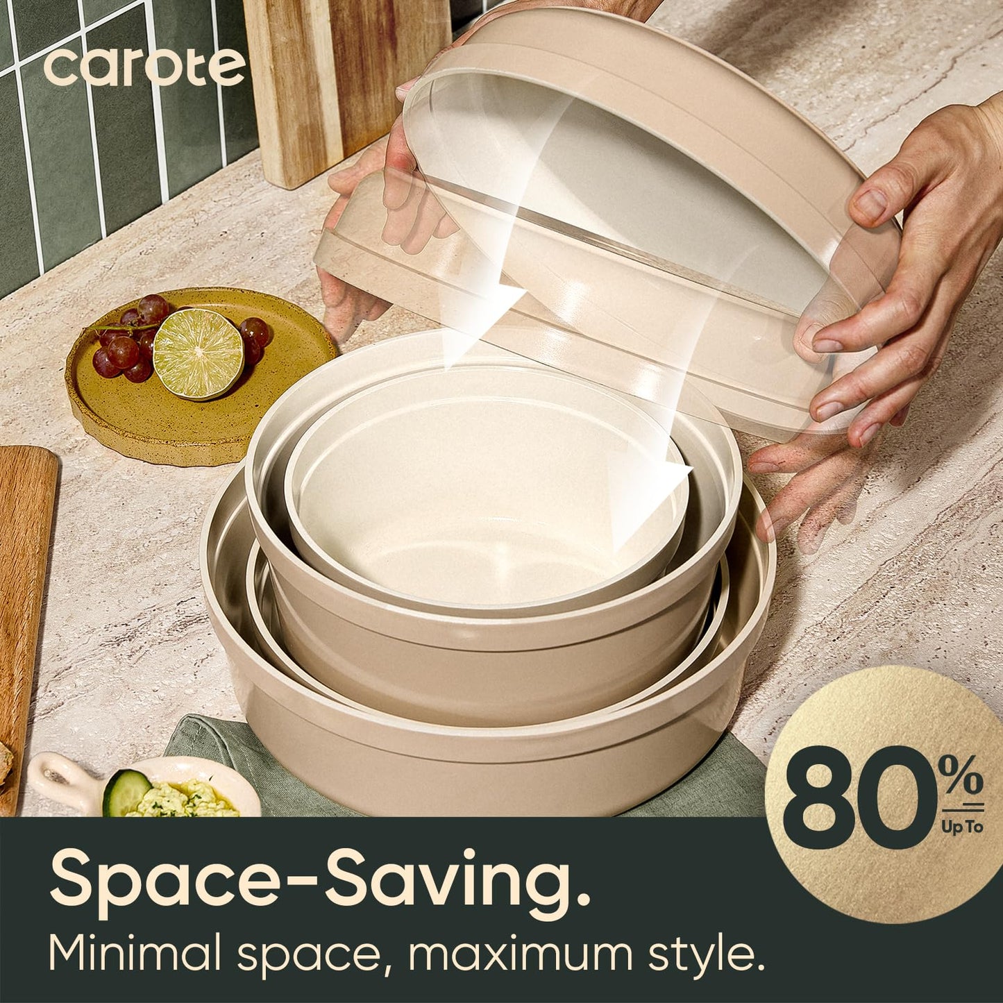 CAROTE 20pcs Ceramic Cookware Set Titanium Nonstick with Detachable Handles, Non Toxic Cookware, Pots and Pans Set Non Stick, Induction Available, Kitchen Cooking Pot and Pan, Dishwasher Safe