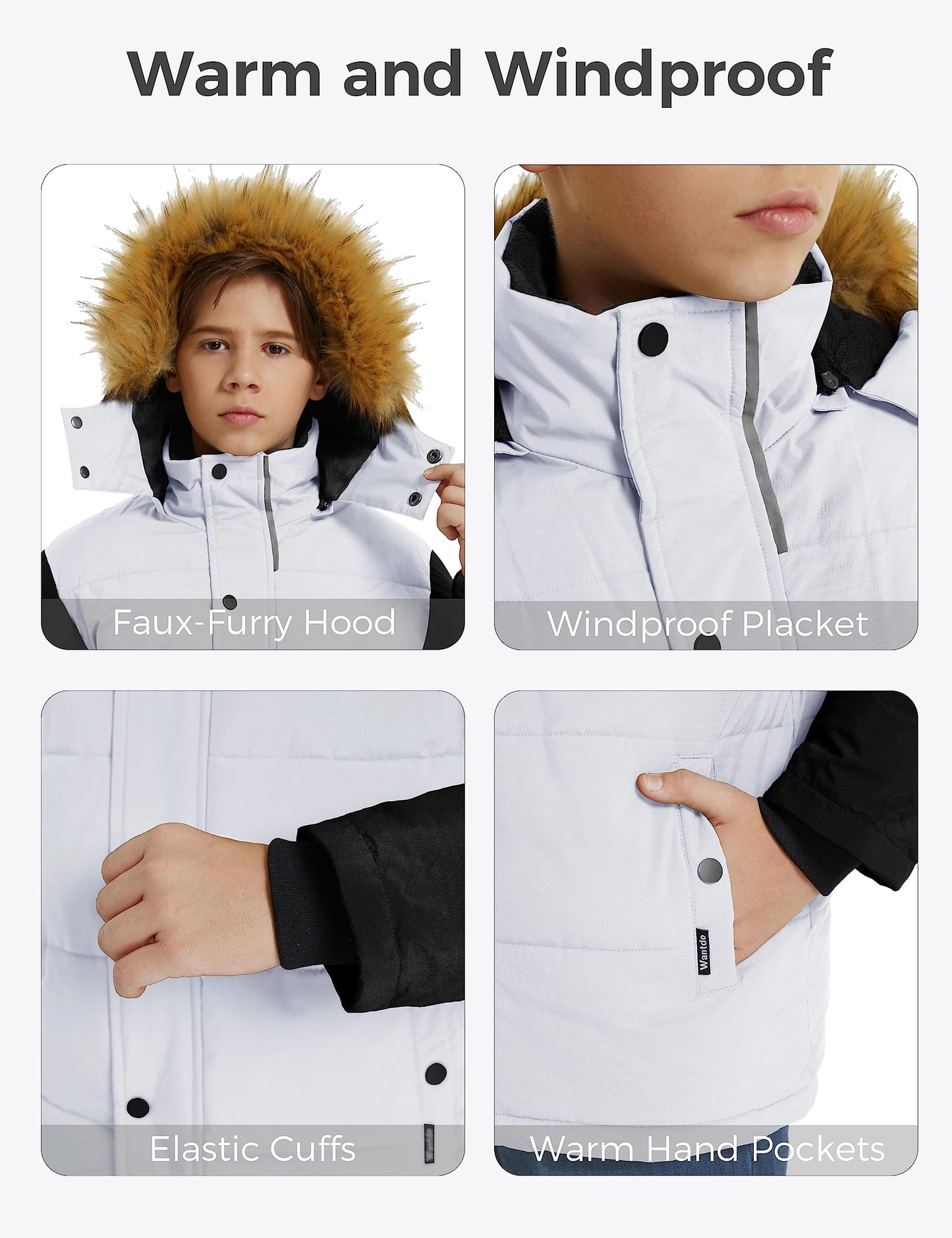 wantdo Boy's Hooded Warm Winter Coat Thick Puffer Jacket Waterproof Outerwear White 6-7
