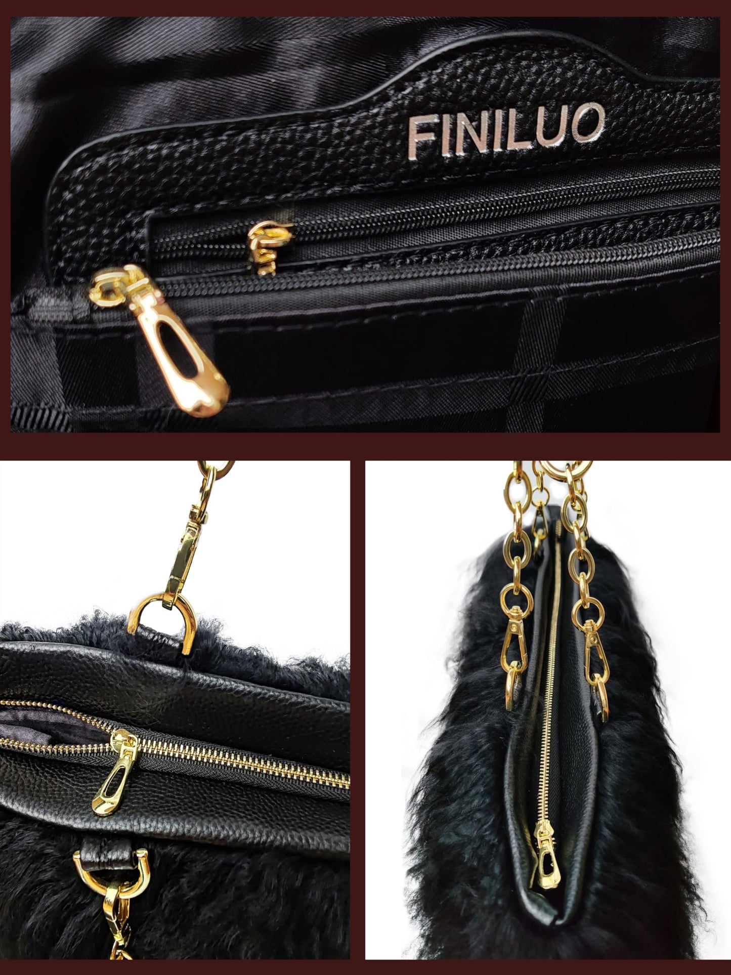 FINILUO Big Fur Tote Bag Curly Lamb Hair Furry Purse with Genuine Leather Handles Plush Black Fur Handbag (black)