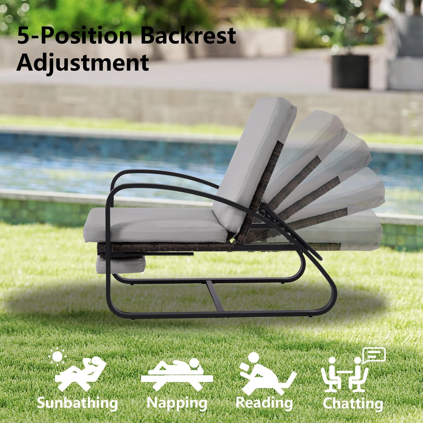 DAYARUS 3 Piece Patio Furniture Set with Pullout Footrest, Adjustable Backrest Patio Conversation Set, Metal Patio Chairs with Coffee Table, Outdoor Furniture Lounge Recliner for Lawn/Balcony, Grey