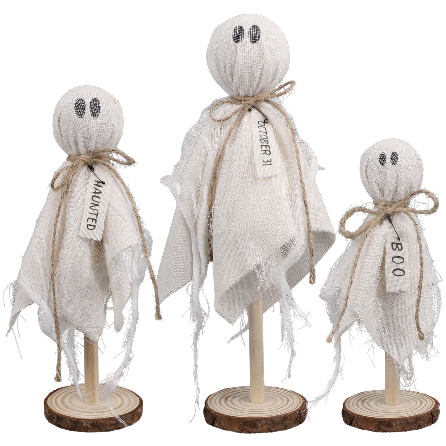DR.DUDU 3 Pack Halloween Ghost Decor - Primitive Wooden Ghost Kit for Table Centerpiece Indoor Decorations, Spooky Cute Ghosts for Farmhouse Shelf Mantel Kitchen Home & Office Decor