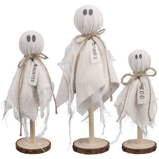DR.DUDU 3 Pack Halloween Ghost Decor - Primitive Wooden Ghost Kit for Table Centerpiece Indoor Decorations, Spooky Cute Ghosts for Farmhouse Shelf Mantel Kitchen Home & Office Decor