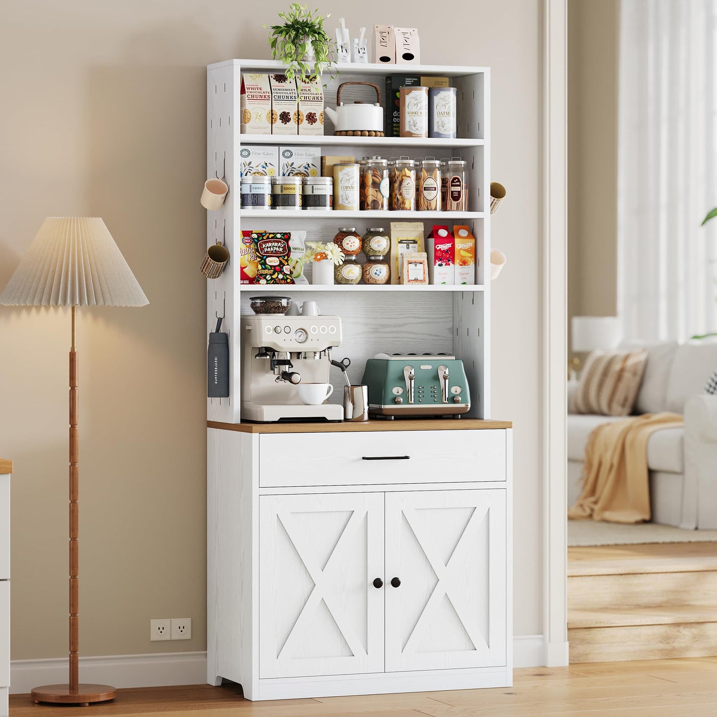 IRONCK Bakers Rack Microwave Stand with Storage and Pegboard, 71" Farmhouse Coffee Bar Cabinet with Drawer, Barn Doors, Adjustable Shelves for Kitchen, Dining Room, Living Room, White