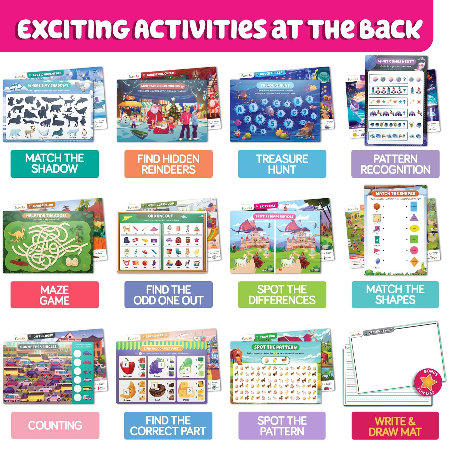 Funcils Search and Find for Kids & Toddlers - Preschool Learning Activity Book, Art and Craft Supplies, Seek Find Games, Birthday Gifts for Girls & Boys, Educational Toys for Ages 3, 4, 5, 6 Year Old