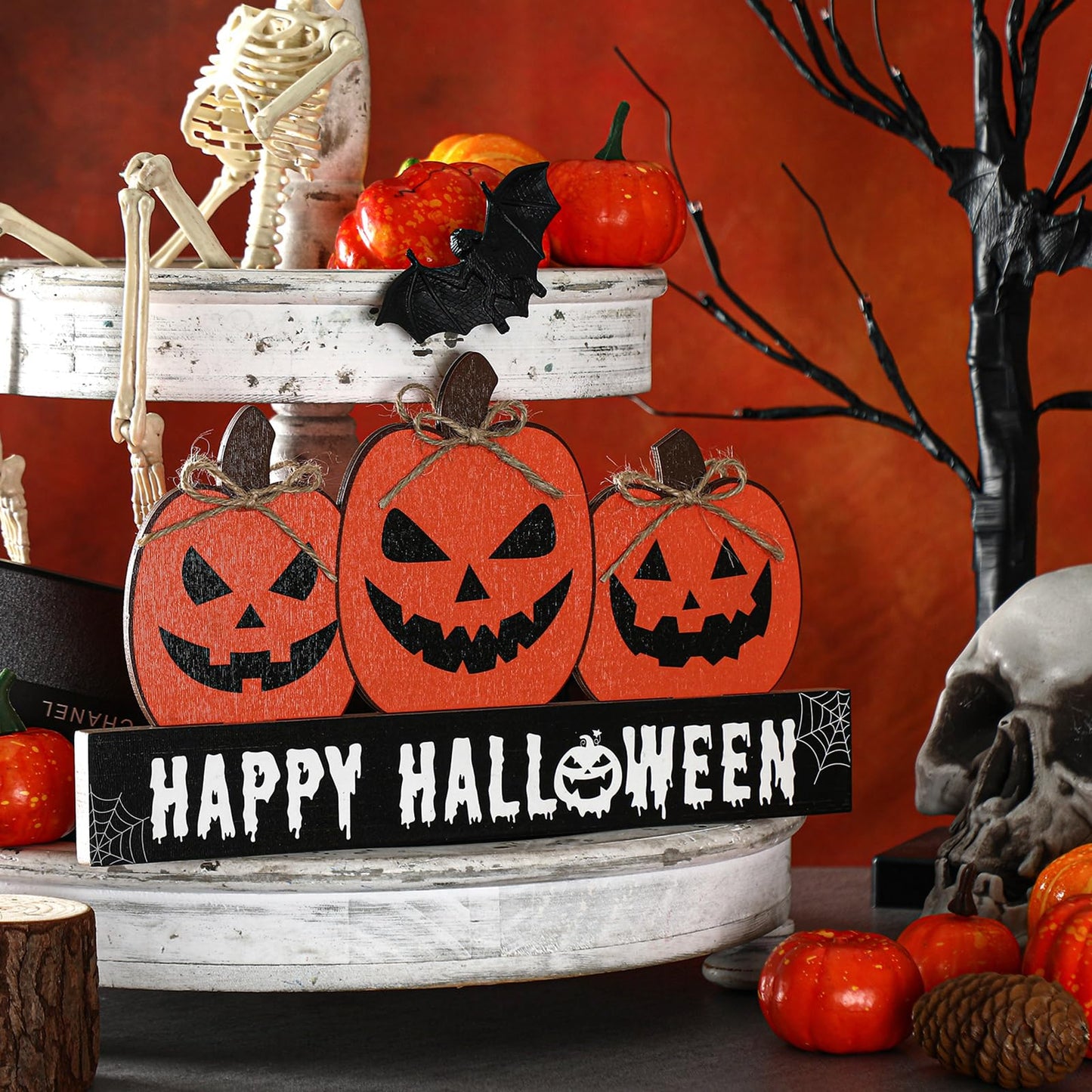 Purpeak Fall Wooden Table Sign Double Side Halloween and Thanksgiving Tabletop Pumpkin Sign Happy Fall Wood Block Tiered Tray Decor for Home Shelf Party Decor