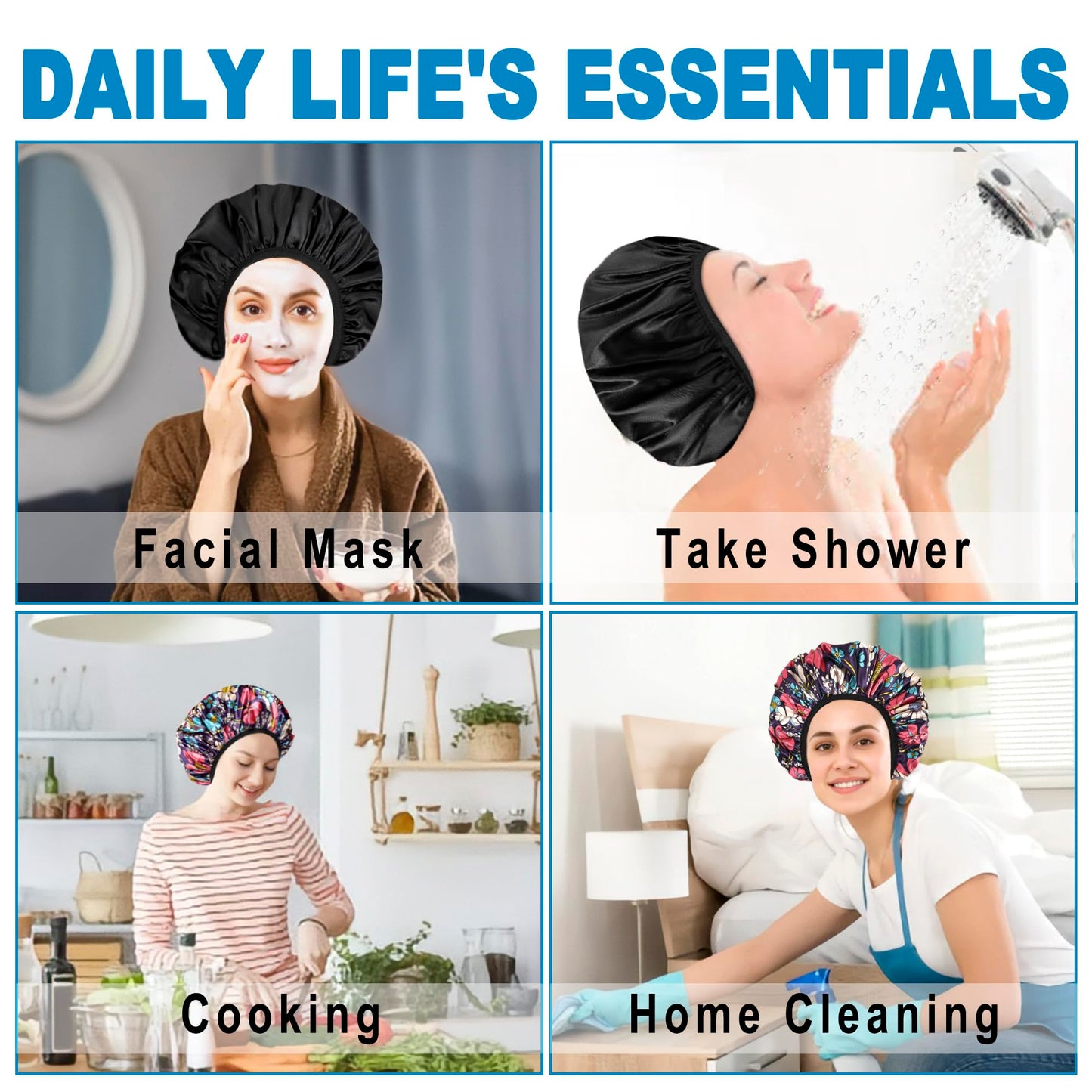 Shower Caps for Women, 2 PCS 3 Layers Terry Lined Shower Cap + 2 Satin Scrunchies, Waterproof Terry Cloth Bath Caps Elastic and Reusable Hair Cap for Shower - (Black+Flower B)