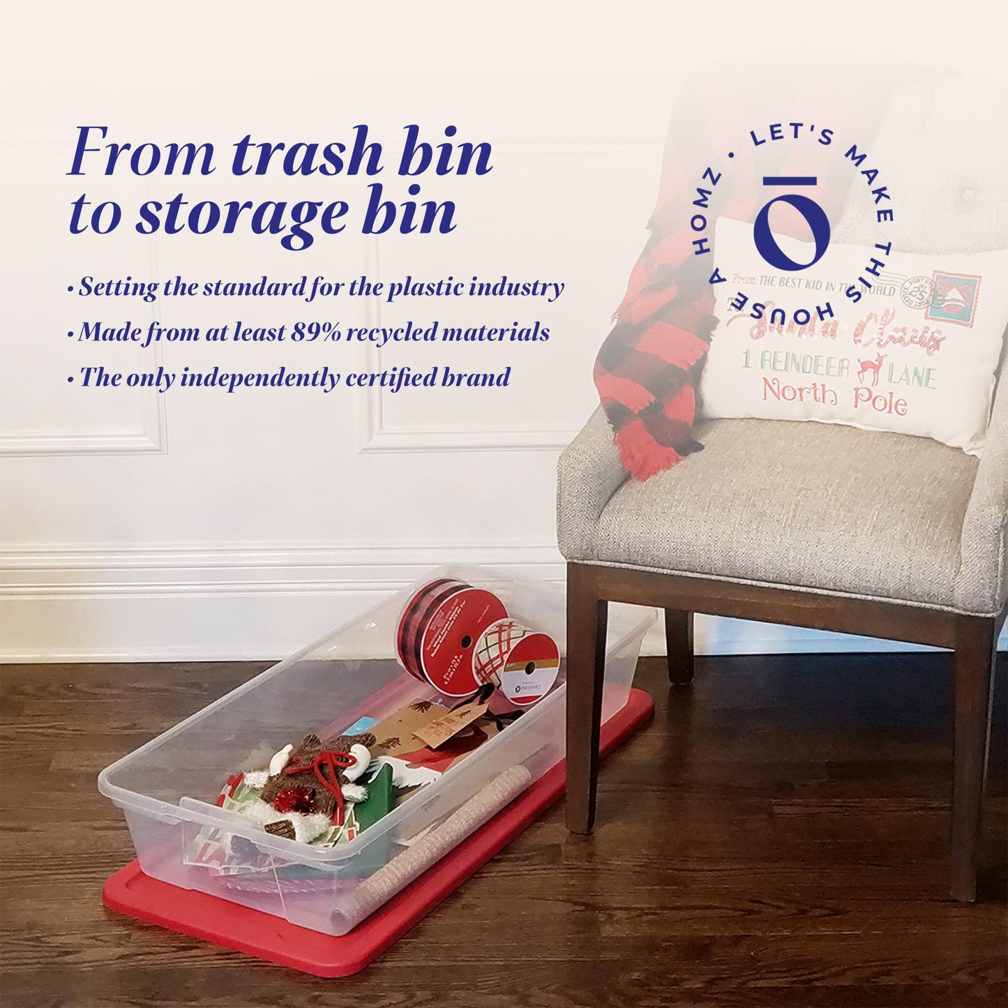 HOMZ 2-Pack Holiday Tote, Clear Plastic Storage Organizer Bins with Lids, 41 Quart, Red - Stackable Organizing Containers for Christmas Ornament Decorations, Gift Wraps, and Crafts