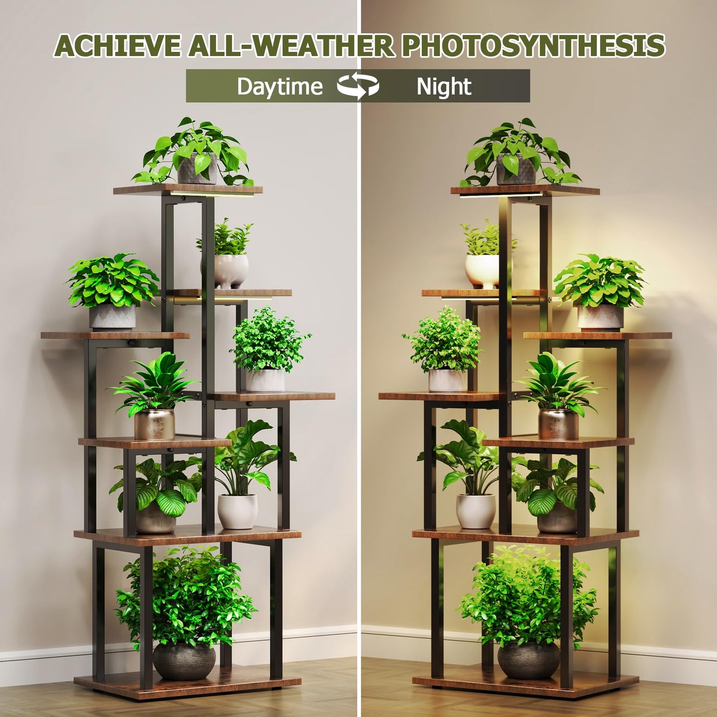 TC-HOMENY Plant Stand Indoor with Grow Lights, 7 Tiered Metal Plant Shelf, 45" Tall Irregular Plant Stand for Indoor Plants, Plants Flower Holder, Plant Shelf Display Rack for Patio, Living Room