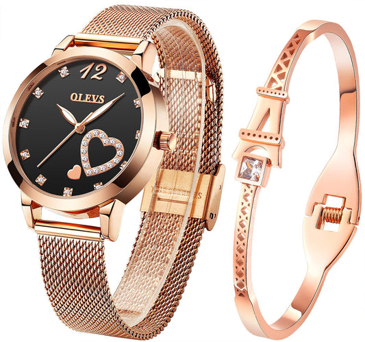 OLEVS Watch for Women Gifts Set Rose Gold and Eiffel Tower Bracelet Set Analog Quartz Wrist Watches for Lady Waterproof with Heart Love Shape Diamonds Black Dial Two Tone