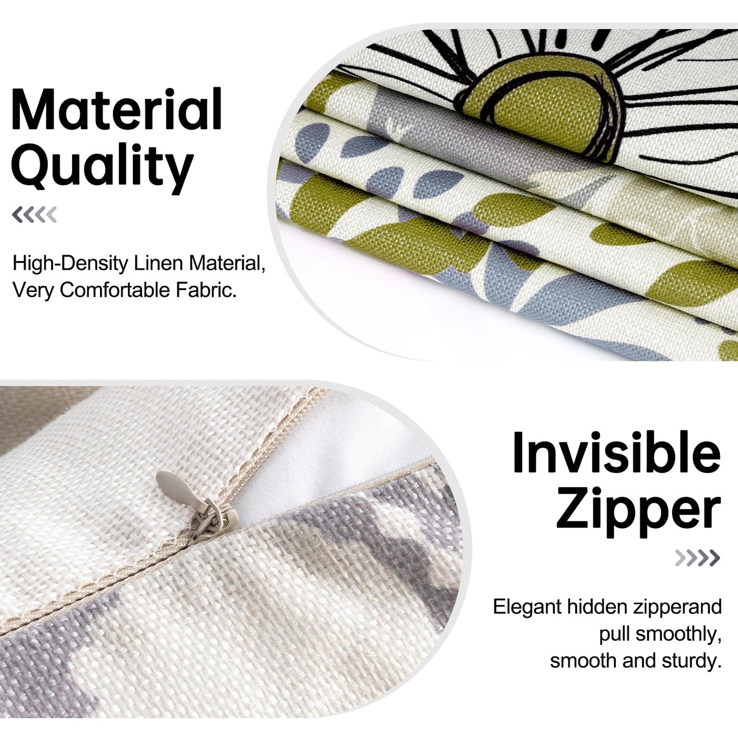 Baidast Green Olive Decorative Throw Pillow Covers 18x18 Set of 4, Green and Grey Modern Daisy Floral Pillows Linen Pillow Covers for Couch Sofa Living Room