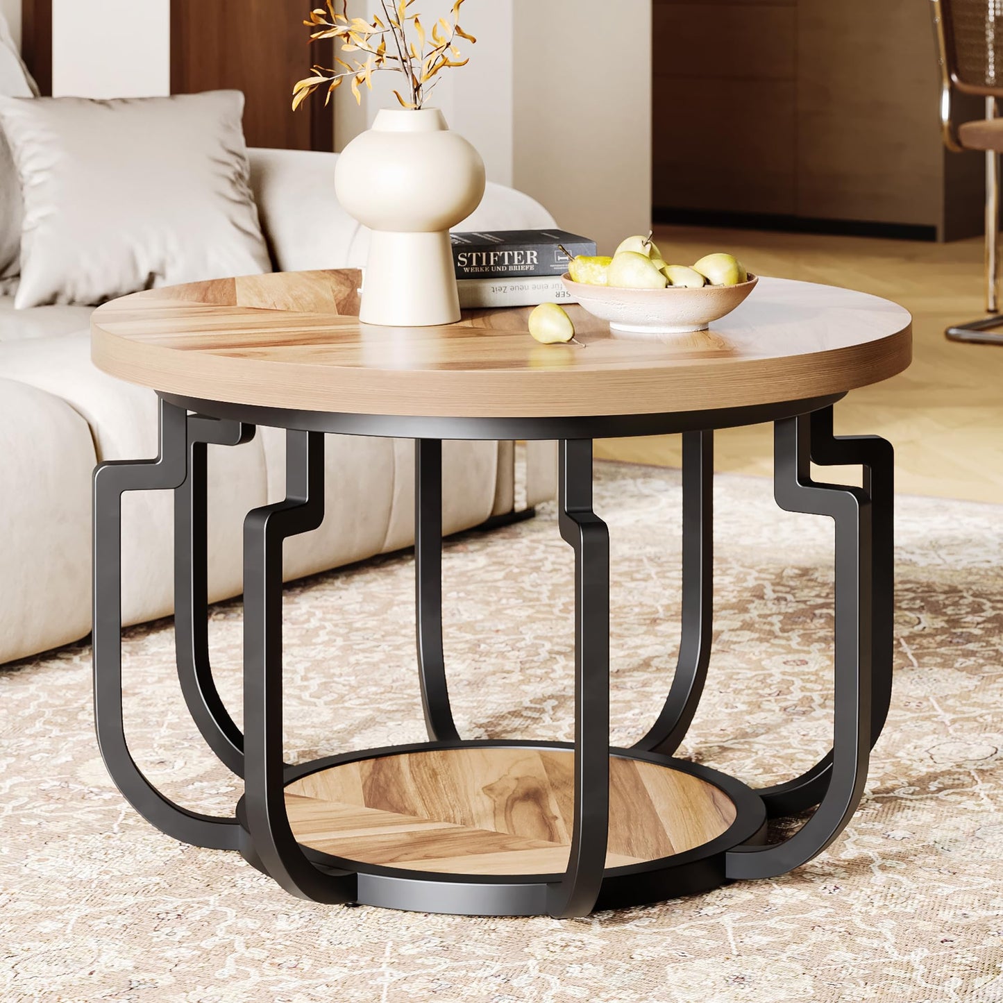 LIKEMET Round Coffee Table, 32" Circle Coffee Table for Living Room with 2-Tier Storage Shelves, Pumpkin Accent Center Table with Wood Grain Desktop for Living Room, Halloween