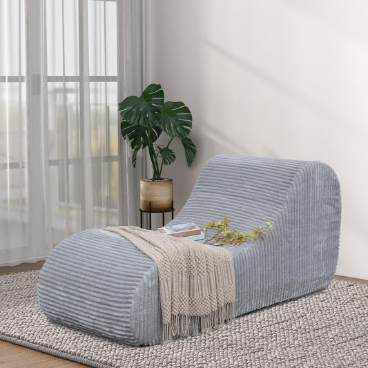 Corduroy Chaise Lounge Chair Couch Indoor Boneless Oversized High-Density Sponge Soft Sofa Human Body Curves for Yoga, Light Grey