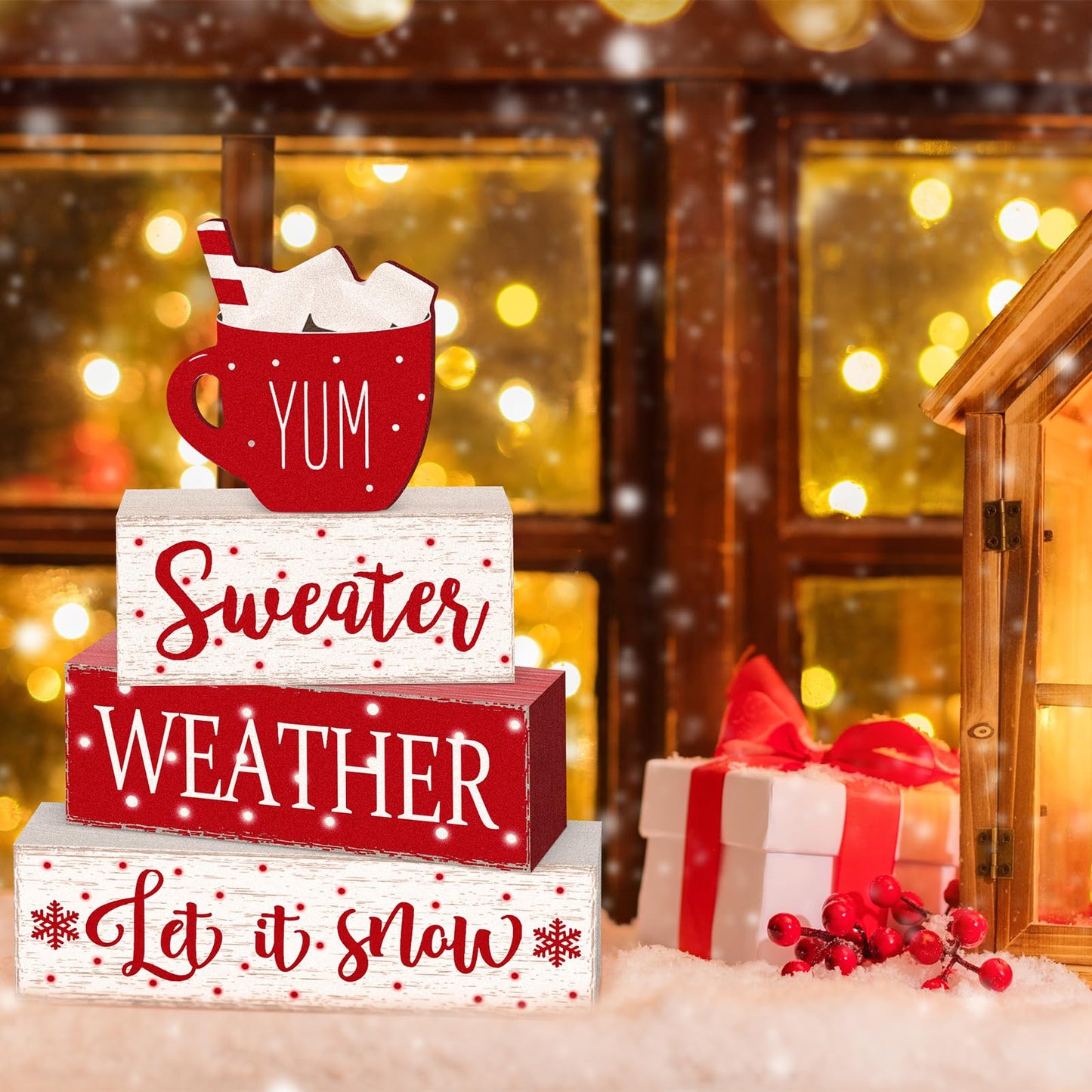 Marsui 4 Pcs Christmas Wooden Tabletop Decor Neutral Christmas Decor Rustic Wooden Hot Cocoa Block Sign Cozy Winter Decorations Gift Farmhouse Xmas Table Centerpiece for Home Office Desk Tiered Tray