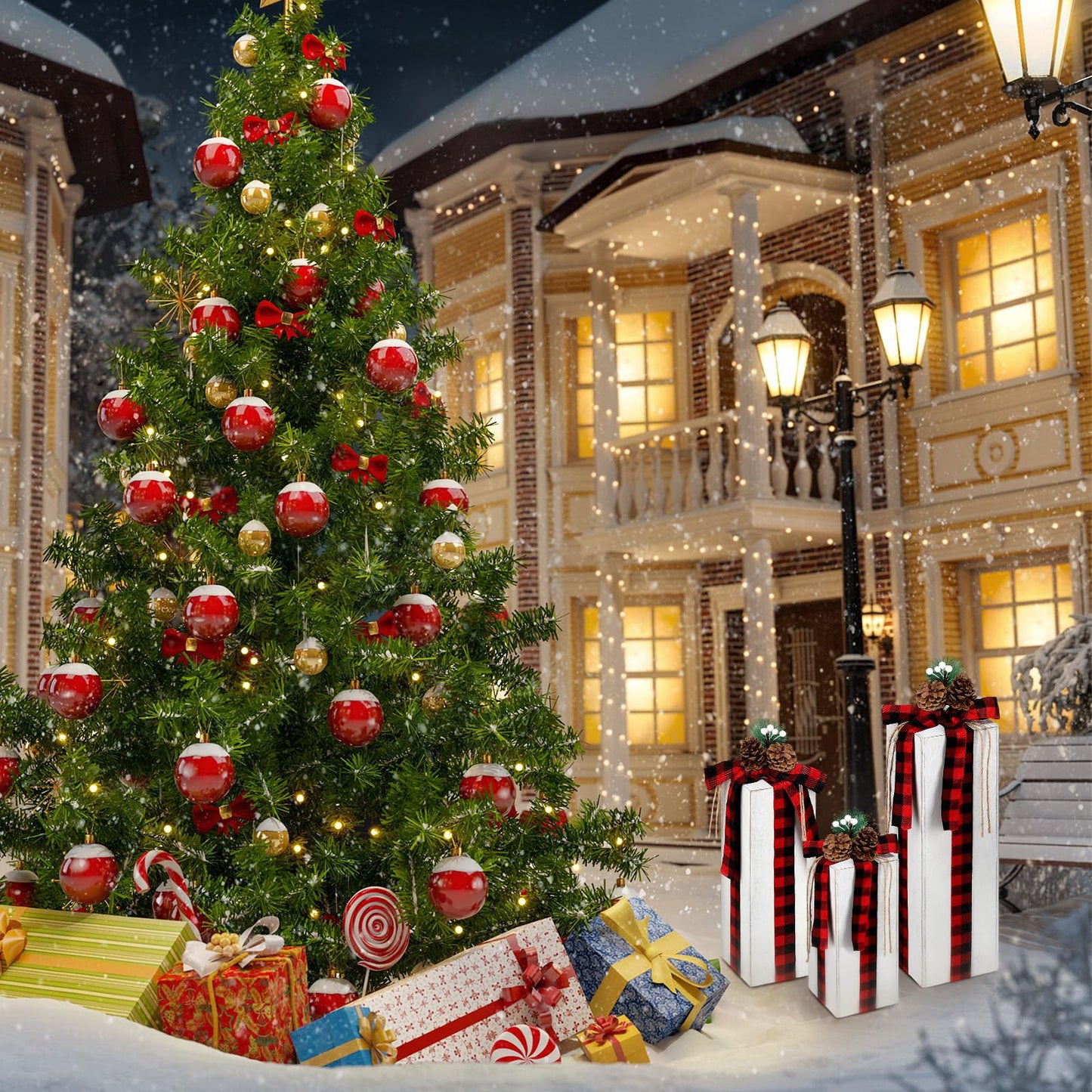 Huwena 3 Pcs Large Christmas Rustic Wood Presents 3 Sizes Christmas Table Centerpieces Christmas Tiered Tray Decor Gift Christmas Xmas Decor Wooden Faux Blocks with Buffalo Plaid Bowknot for Holiday