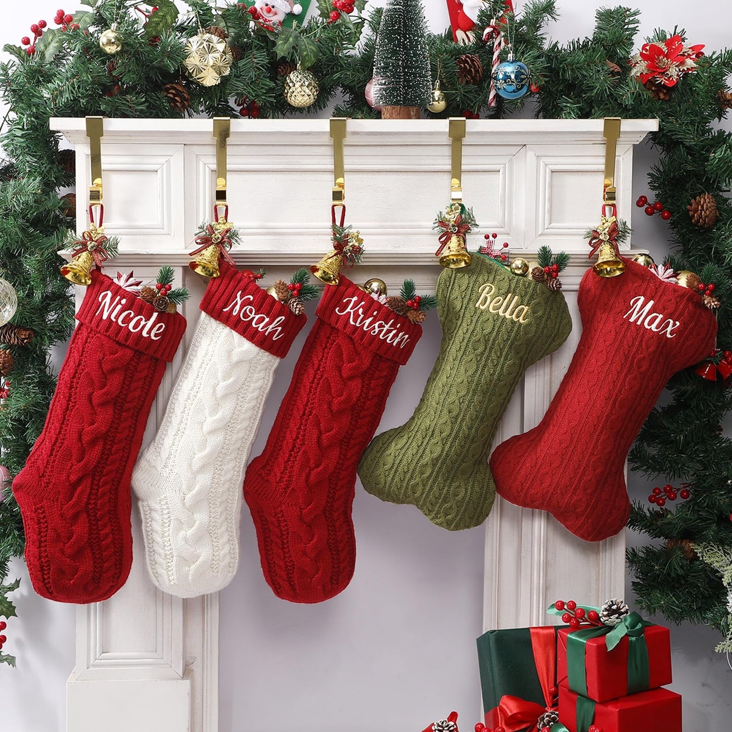 Tarwanear Personalized Dog Christmas Stocking,Large Bone Shape Cable Knit Custom Name Embroidered Pet Xmas Stockings,Christmas Decorations Fireplace Hanging Stockings Family Holiday Stockings(1 Pack)