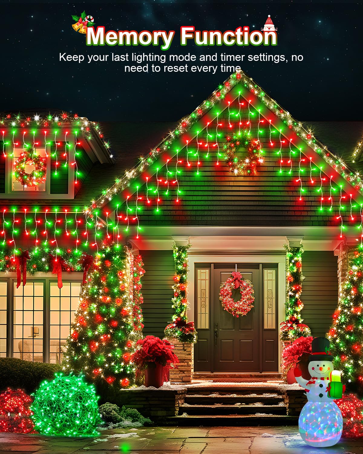 JIXXULVU Christmas Lights Outdoor, 53 FT 486 LED Christmas Lights for Outside, Timer & Memory, Plug in 8 Modes Hanging Fairy Light with 108 Drops for House Eaves Yard Patio Decorations, Red Green