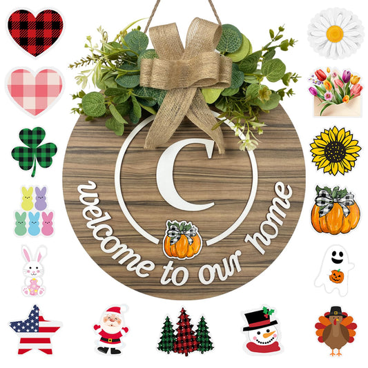 Interchangeable Seasonal Monogram Letter C Welcome Sign Front Door Decor Wooden Wreaths for Front Door Wreath Rustic Initial House Warming Porch Wall Home Decorations for All Seasons