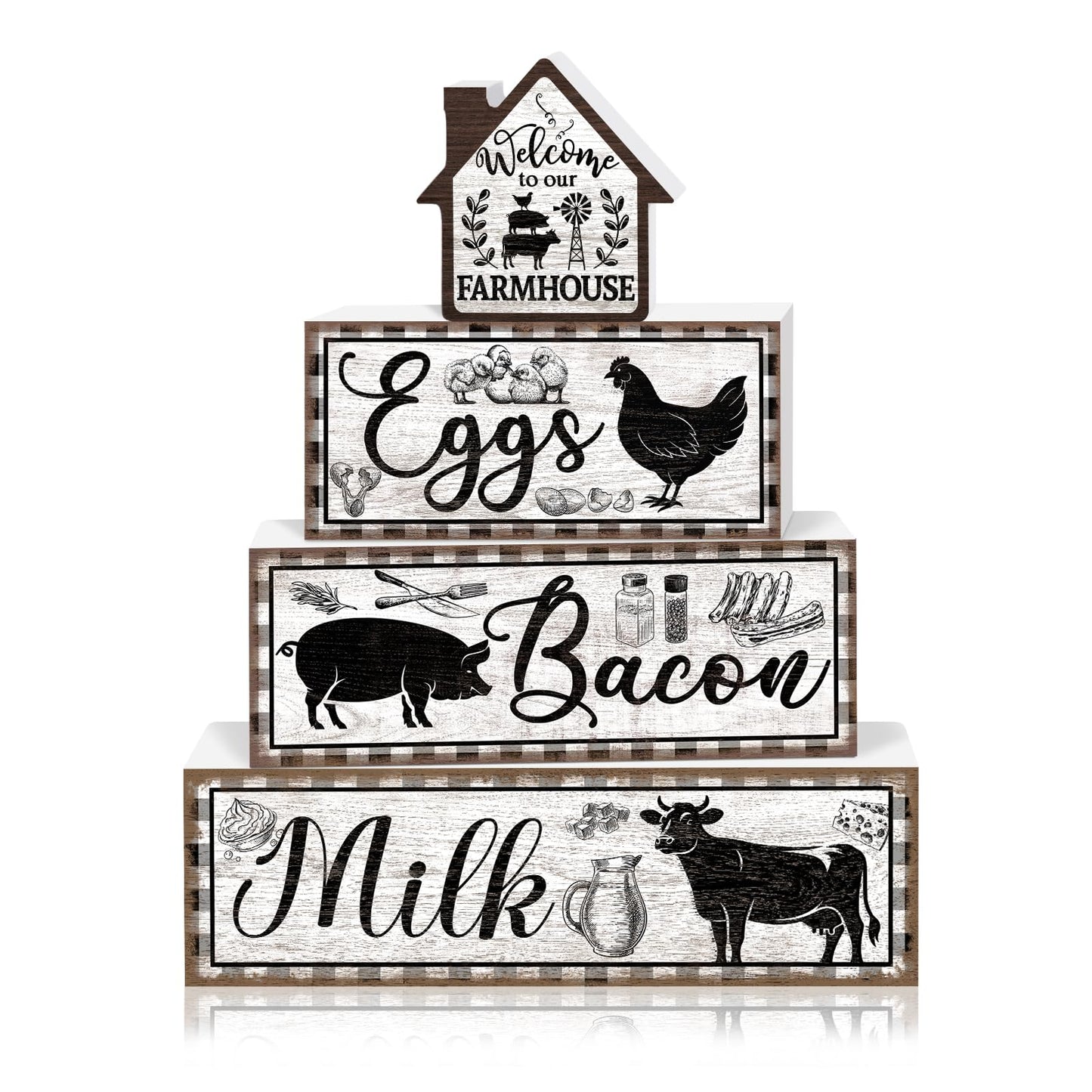 TOMPOP 4 Pcs Farmhouse Decor Wooden Tiered Tray Signs, Rustic Rooster Pig Cow Decorative Faux Book Stack Block Farm Animal Distressed Tabletop Centerpieces for Home Kitchen Shelf Table Decorations
