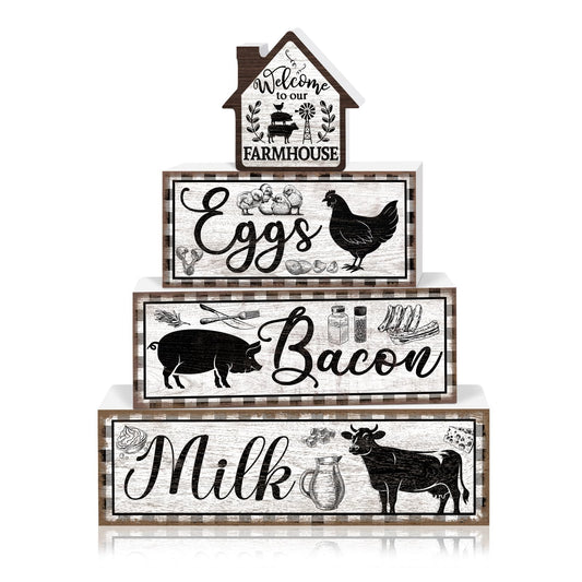 TOMPOP 4 Pcs Farmhouse Decor Wooden Tiered Tray Signs, Rustic Rooster Pig Cow Decorative Faux Book Stack Block Farm Animal Distressed Tabletop Centerpieces for Home Kitchen Shelf Table Decorations