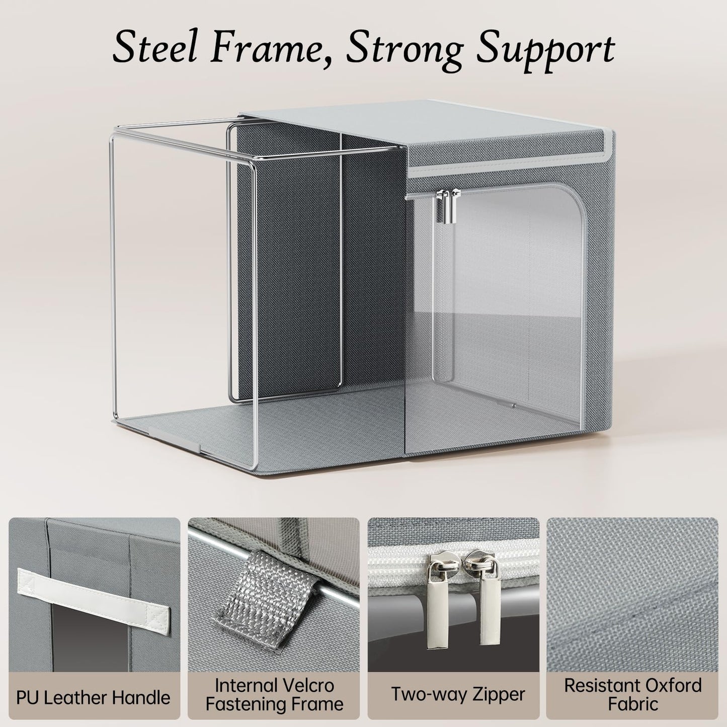 Yecaye Clothes Storage Bins with Metal Frame, Foldable Clothing Storage Bin with Lid, Stackable Oxford Fabric Organizer Box With Clear Window & Zippers & PU Leather Handles (3 Pack,Grey,66L)