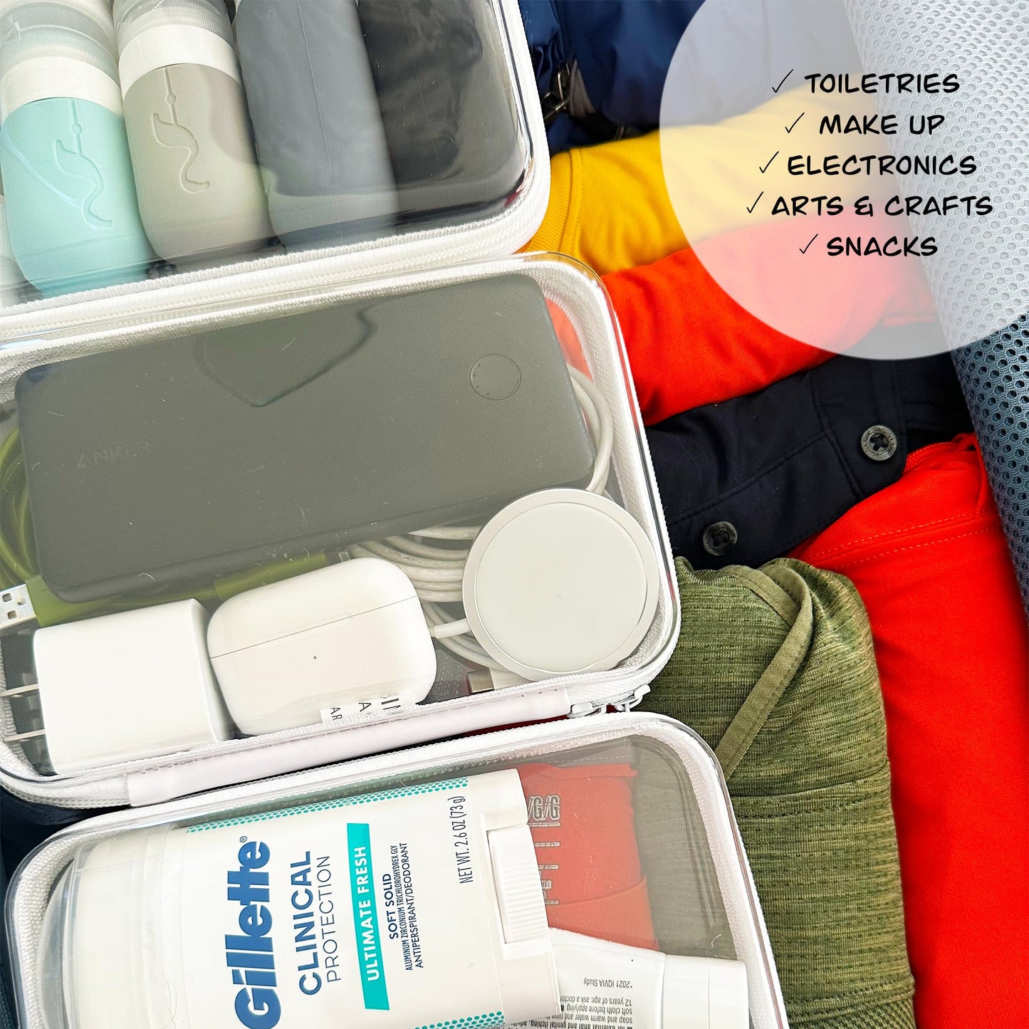 Clear Zipper Pouches Hard Shell - Transparent Storage Bins for Home Organization - Stackable Zippered Pencil Case to Organize Playroom Toy Bin - TSA Approved Toiletry Bag Travel Bags for Toiletries