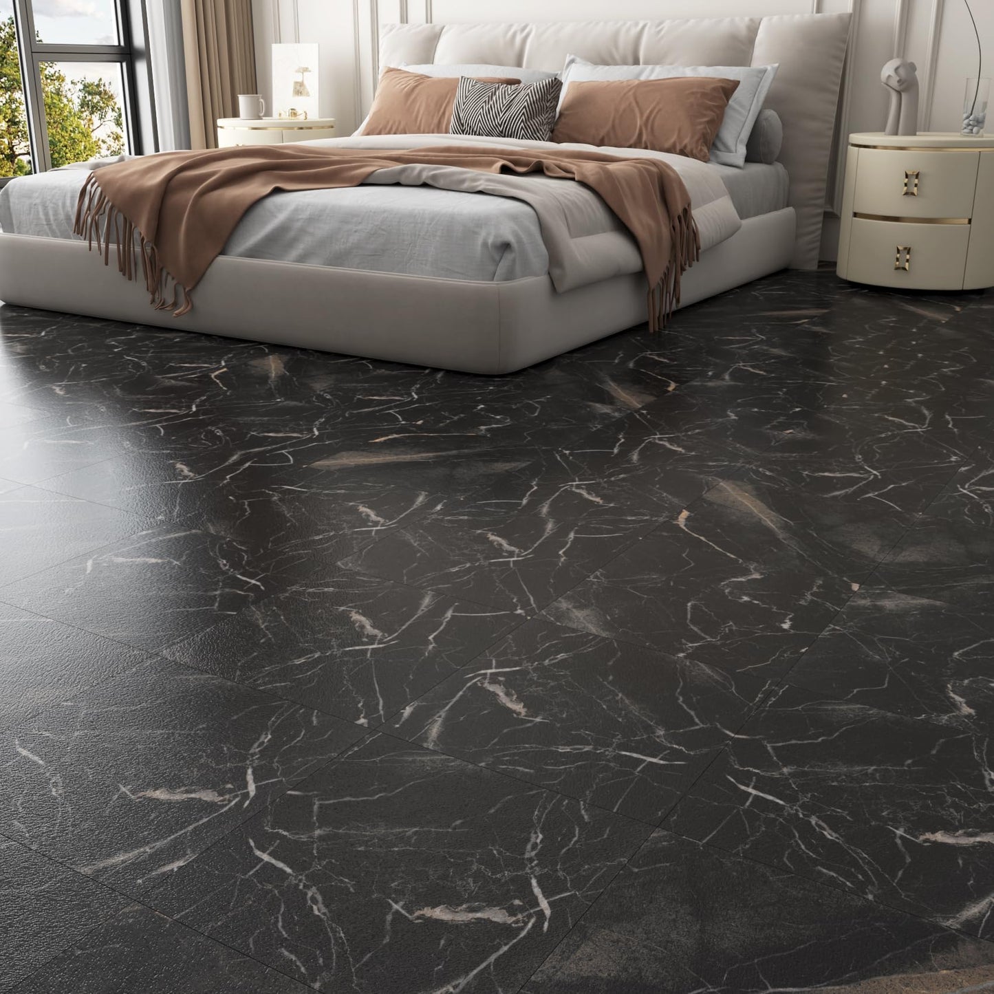 Decotalk 30-Sheet Peel and Stick Flooring Tile Floor Black Floor Tile for Bathroom Kitchen 12x12 Inch Black Marble Tile Floor Shower Floor Tile Self Adhesive Floor Tile Vinyl Peel and Stick Floor Tile