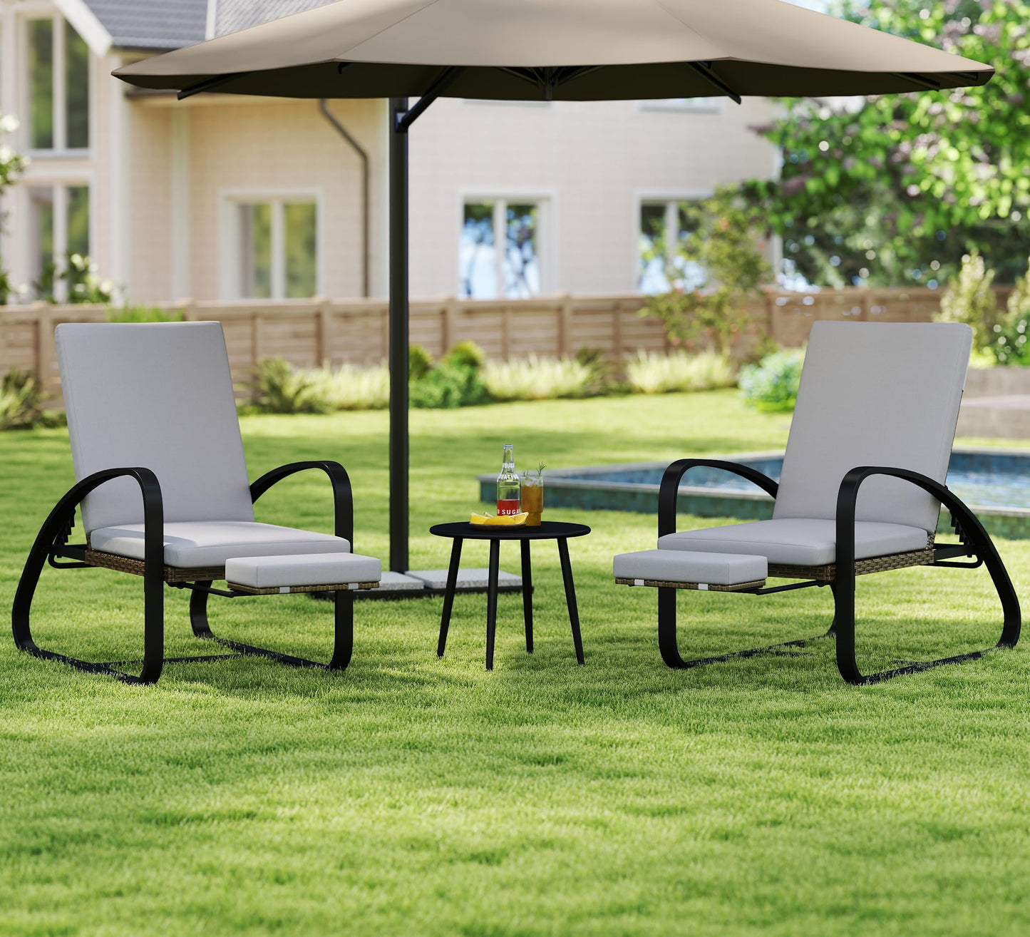 DAYARUS 3 Piece Patio Furniture Set with Pullout Footrest, Adjustable Backrest Patio Conversation Set, Metal Patio Chairs with Coffee Table, Outdoor Furniture Lounge Recliner for Lawn/Balcony, Grey
