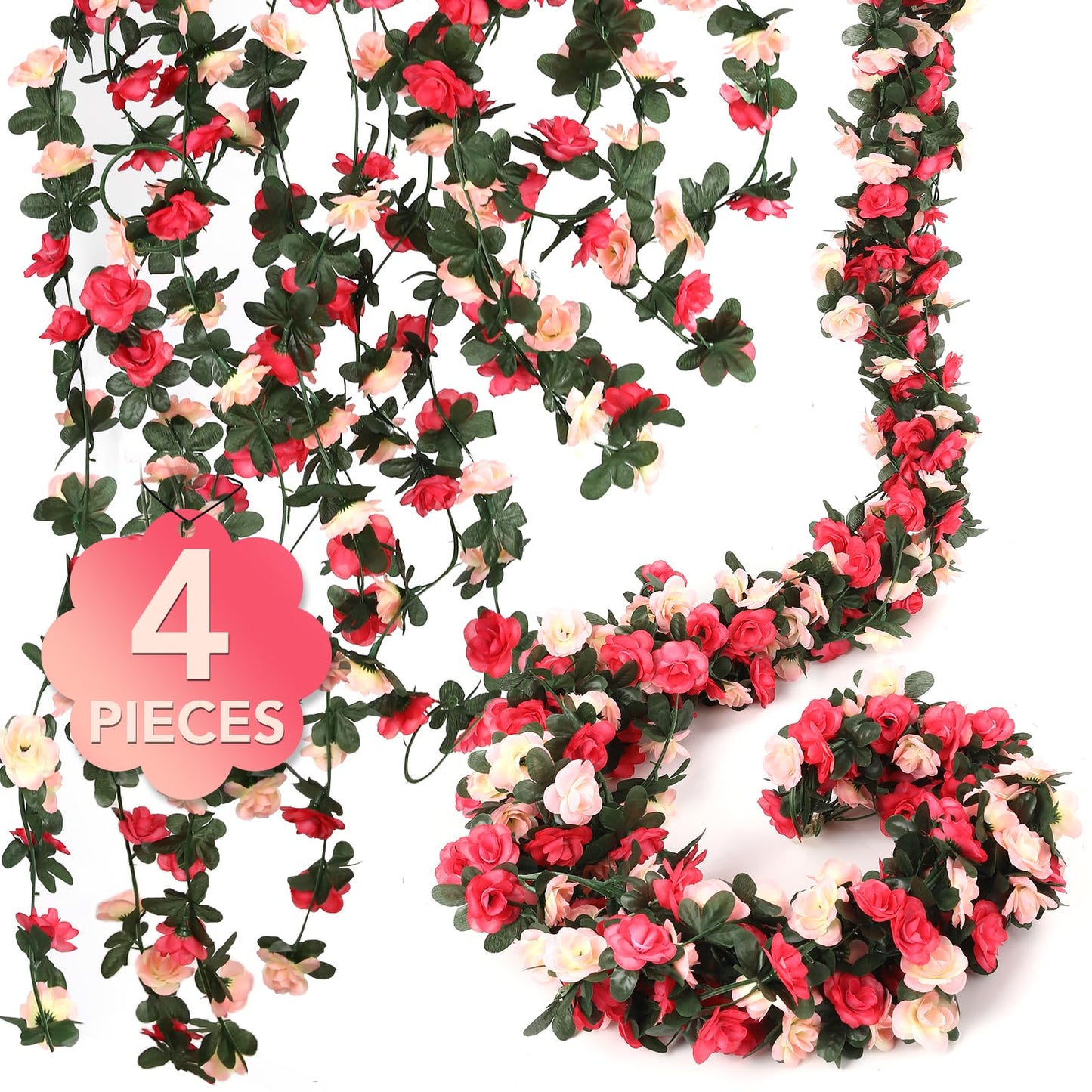 4 Pcs 32.8FT Flower Garland,Rose Garland,Pink Flower Vines for Decoration, Wedding, Garden, Wall Decoration,Backdrop,Bedroom,Birthday Party