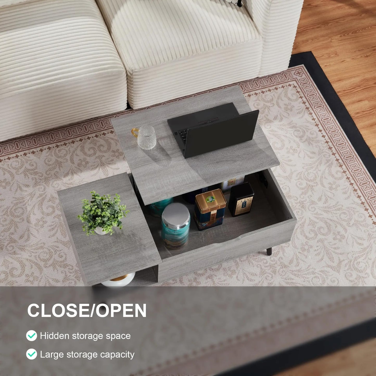 SANODESK 39" Wood Lift Top Coffee Table with Hidden Compartment and Storage Shelf for Living Room, Reception Room, Grey