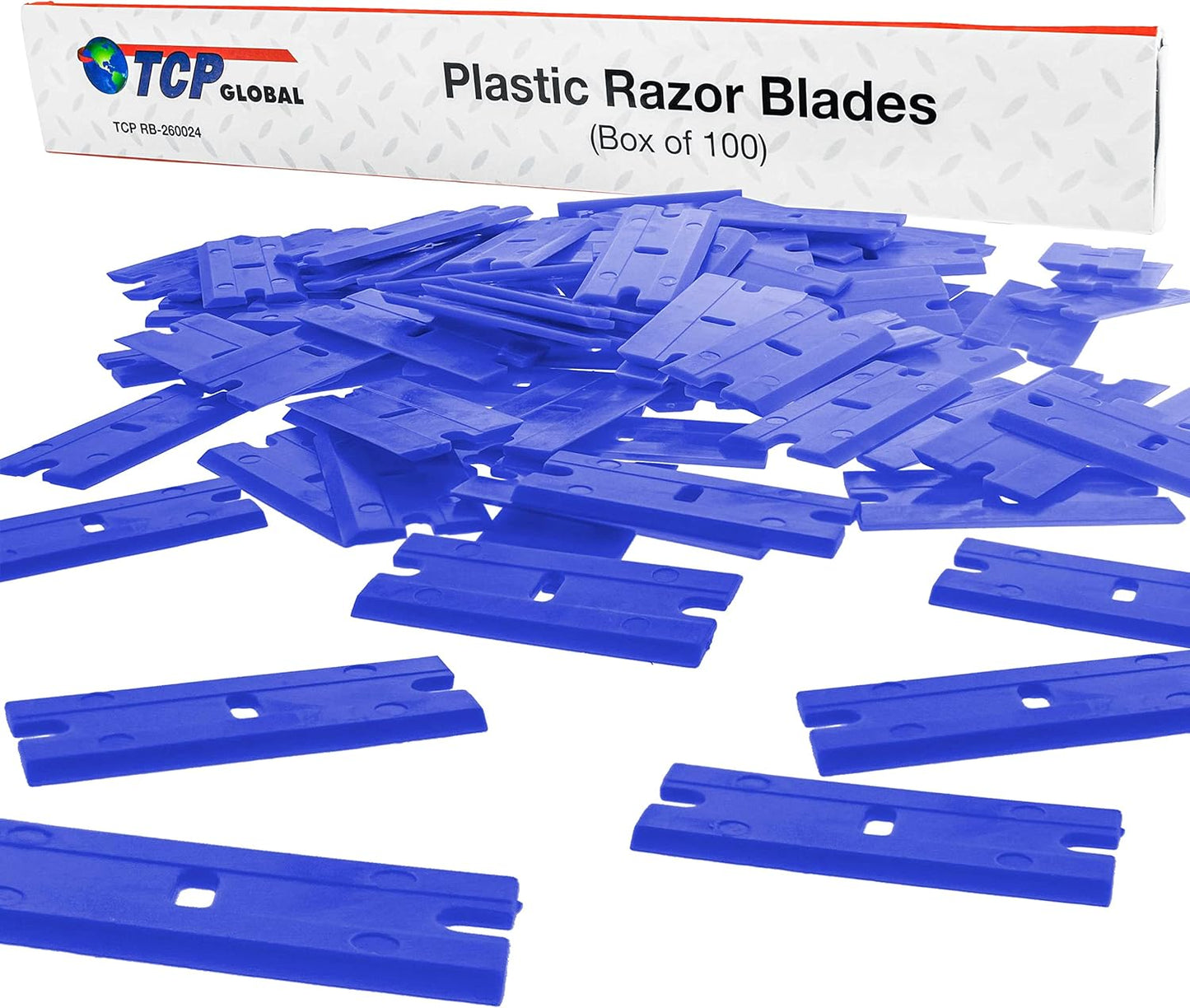 TCP Global 100 Piece Plastic Razor Scraper Blades with Extra Sharp Chisel Edge, Remove Decals, Stickers, Adhesive, Clean Glass
