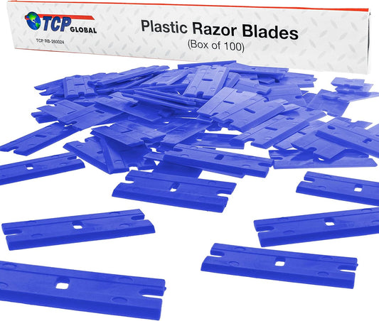 TCP Global 100 Piece Plastic Razor Scraper Blades with Extra Sharp Chisel Edge, Remove Decals, Stickers, Adhesive, Clean Glass