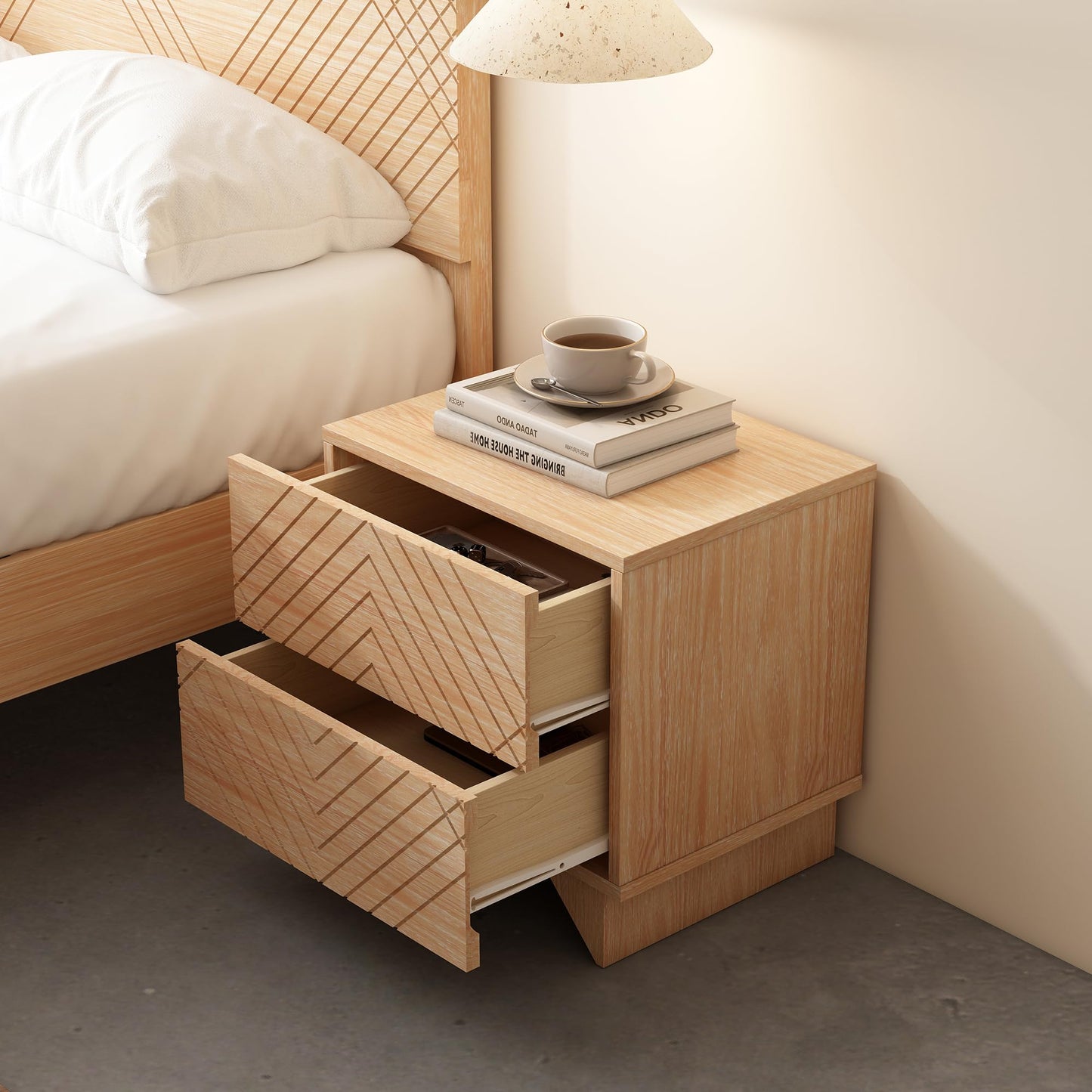 MUSEHOMEINC Solid Wood Nightstand with 2 Drawer Storage, Modern Beside Table, Small 2 Drawer Dresser, Night Stand with Two Unique Rhombus Details Drawers for Bedroom, Home,Living Room